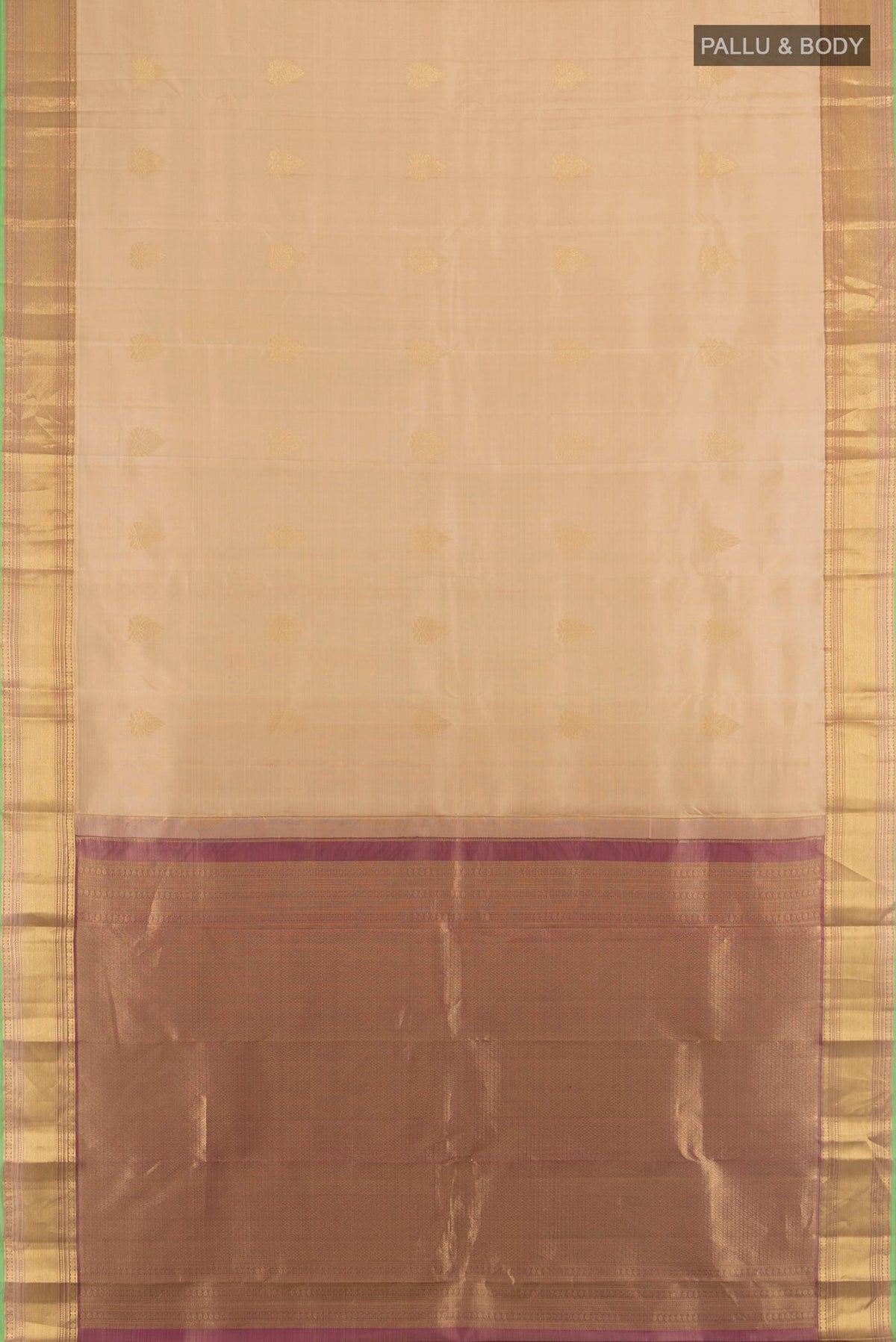 Flat view of Pure Silk Dark Beige Kanchipuram Saree with Zari Butta on the body and Zari Border. 
