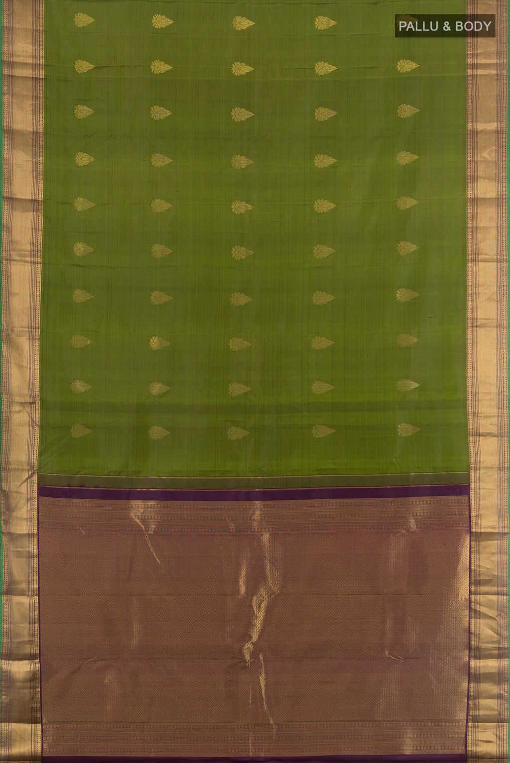 Flat view of Pure Silk Mehandi Green Kanchipuram Saree with Zari Butta on the body and Zari Border. 