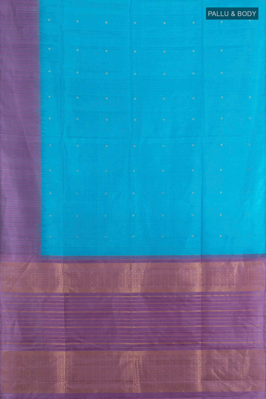 Flat view of Pure Silk Light Blue Soft Saree with Zari Butta on the body and Plain Border. 