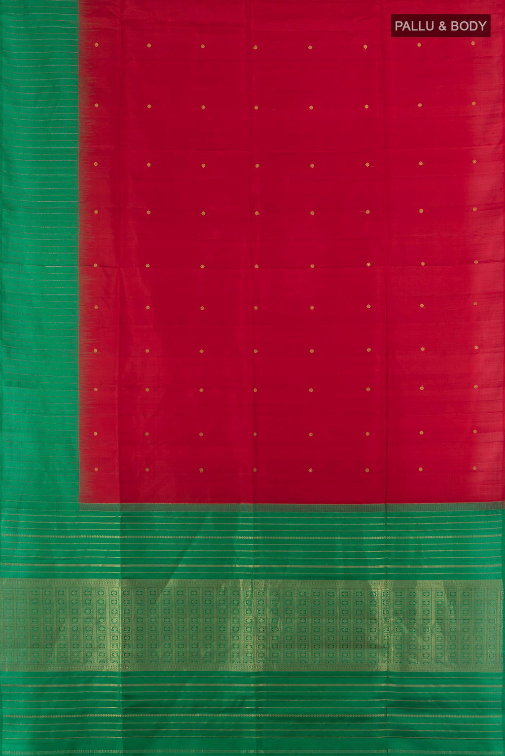 Flat view of Pure Silk Red Soft Saree with Zari Butta on the body and One Side Border. 