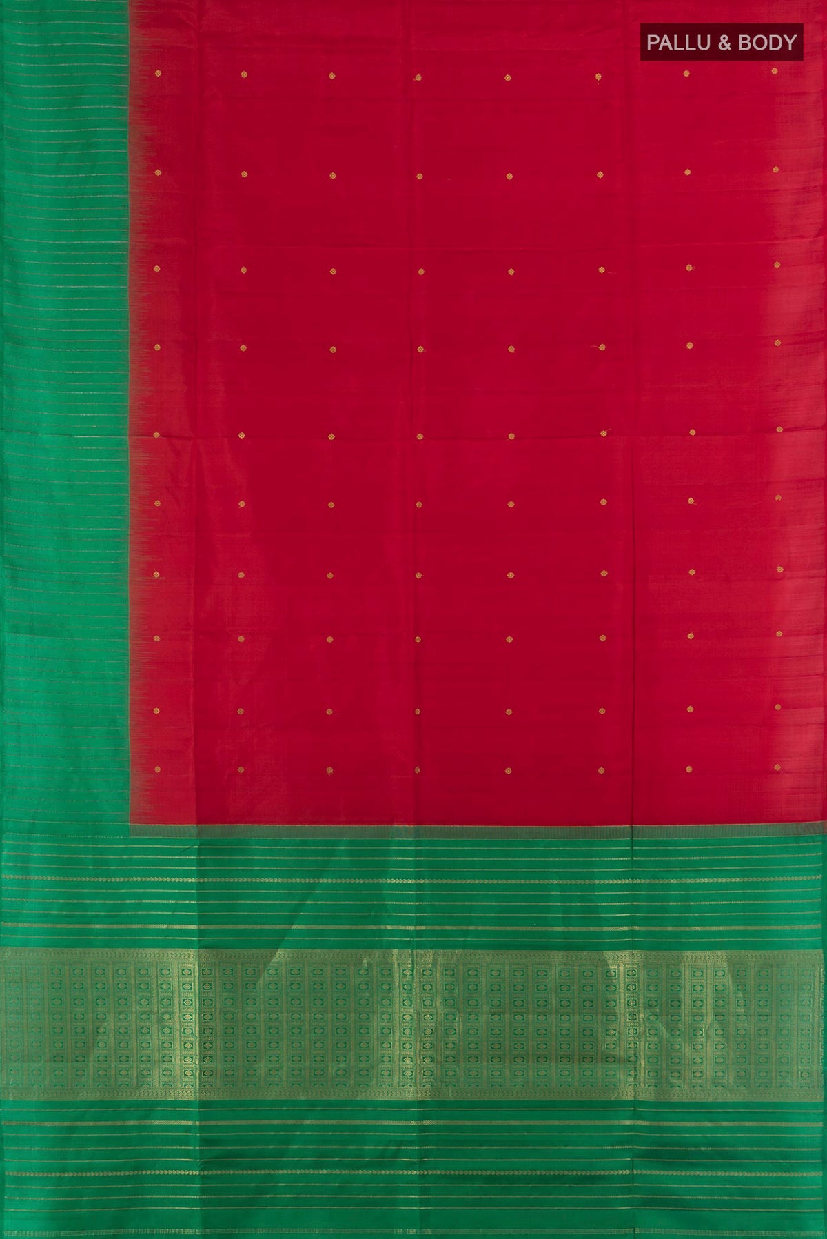 Flat view of Pure Silk Red Soft Saree with Zari Butta on the body and One Side Border. 