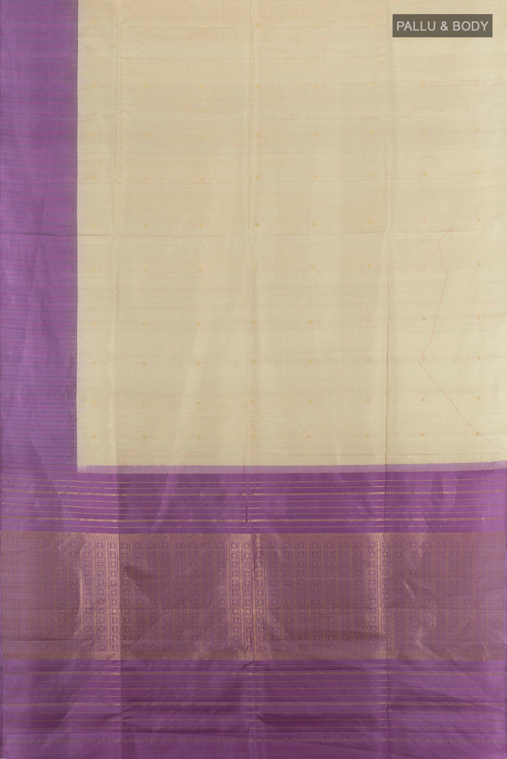 Flat view of Pure Silk Beige Soft Saree with Zari Butta on the body and One Side Border. 