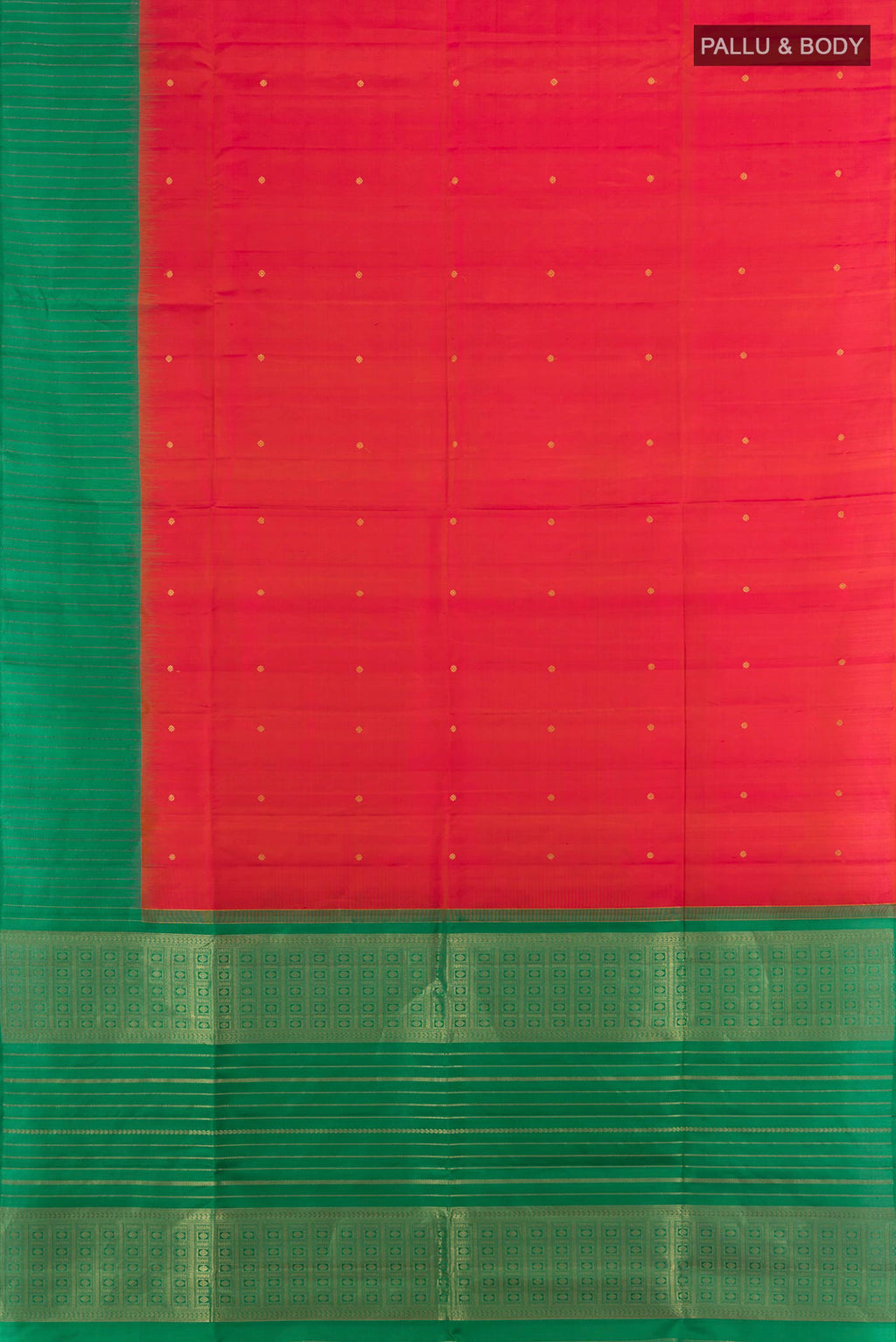 Flat view of Pure Silk Red Soft Saree with Zari Butta on the body and One Side Border. 