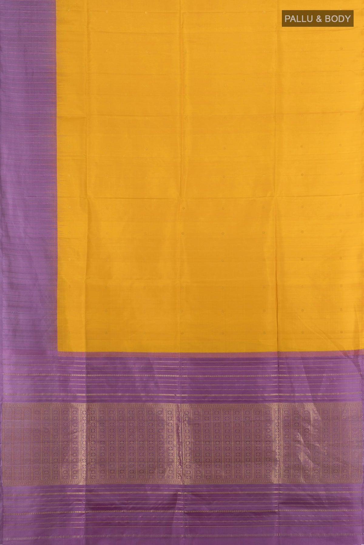 Flat view of Pure Silk Mustard Soft Saree with Zari Butta on the body and One Side Border. 