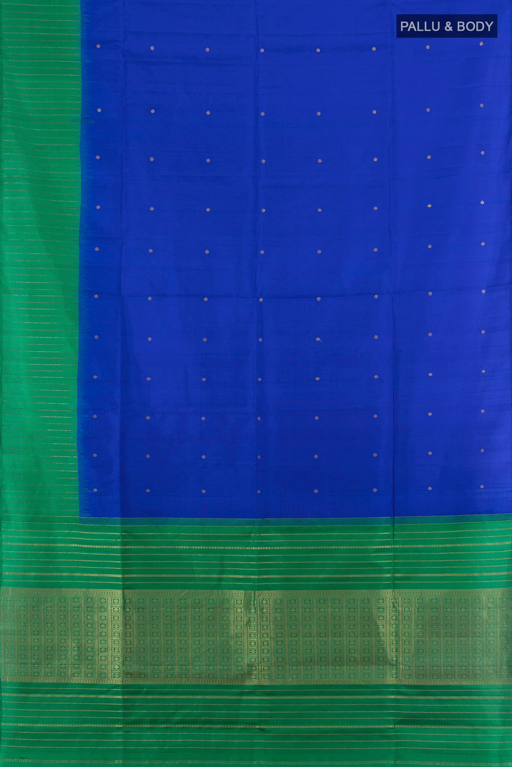 Flat view of Pure Silk Royal Blue Soft Saree with Zari Butta on the body and One Side Border. 
