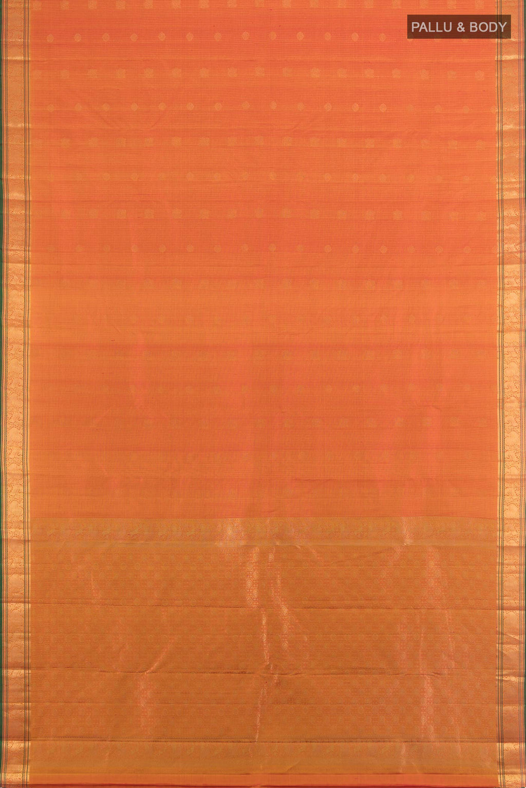 Flat view of Pure Silk Orange Kanchipuram Saree with Zari Butta on the body and Zari Border. 