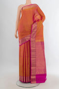 Pure Silk Mustard Kanjivaram Saree with Stripes on the body and Zari Border.  displayed on a mannequin