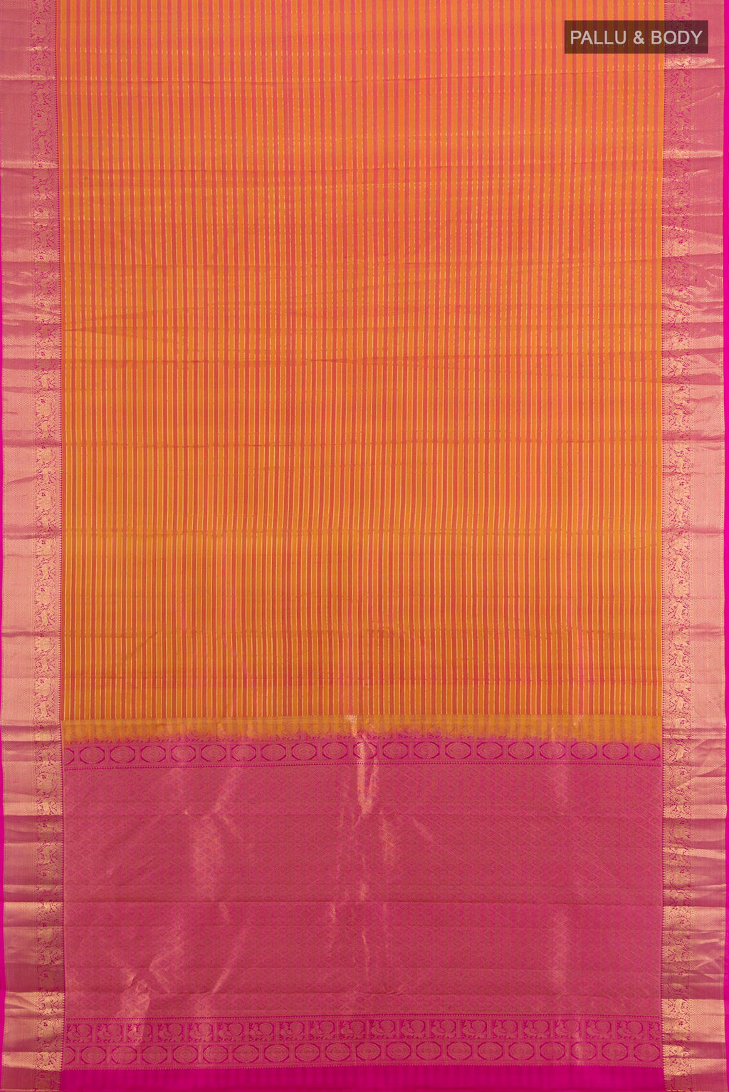 Flat view of Pure Silk Mustard Kanjivaram Saree with Stripes on the body and Zari Border. 