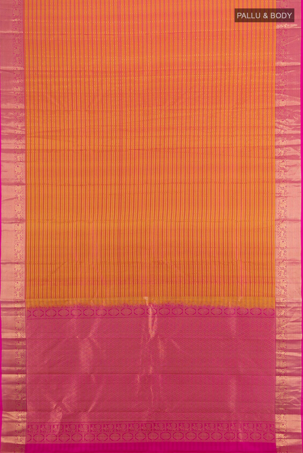 Flat view of Pure Silk Mustard Kanjivaram Saree with Stripes on the body and Zari Border. 