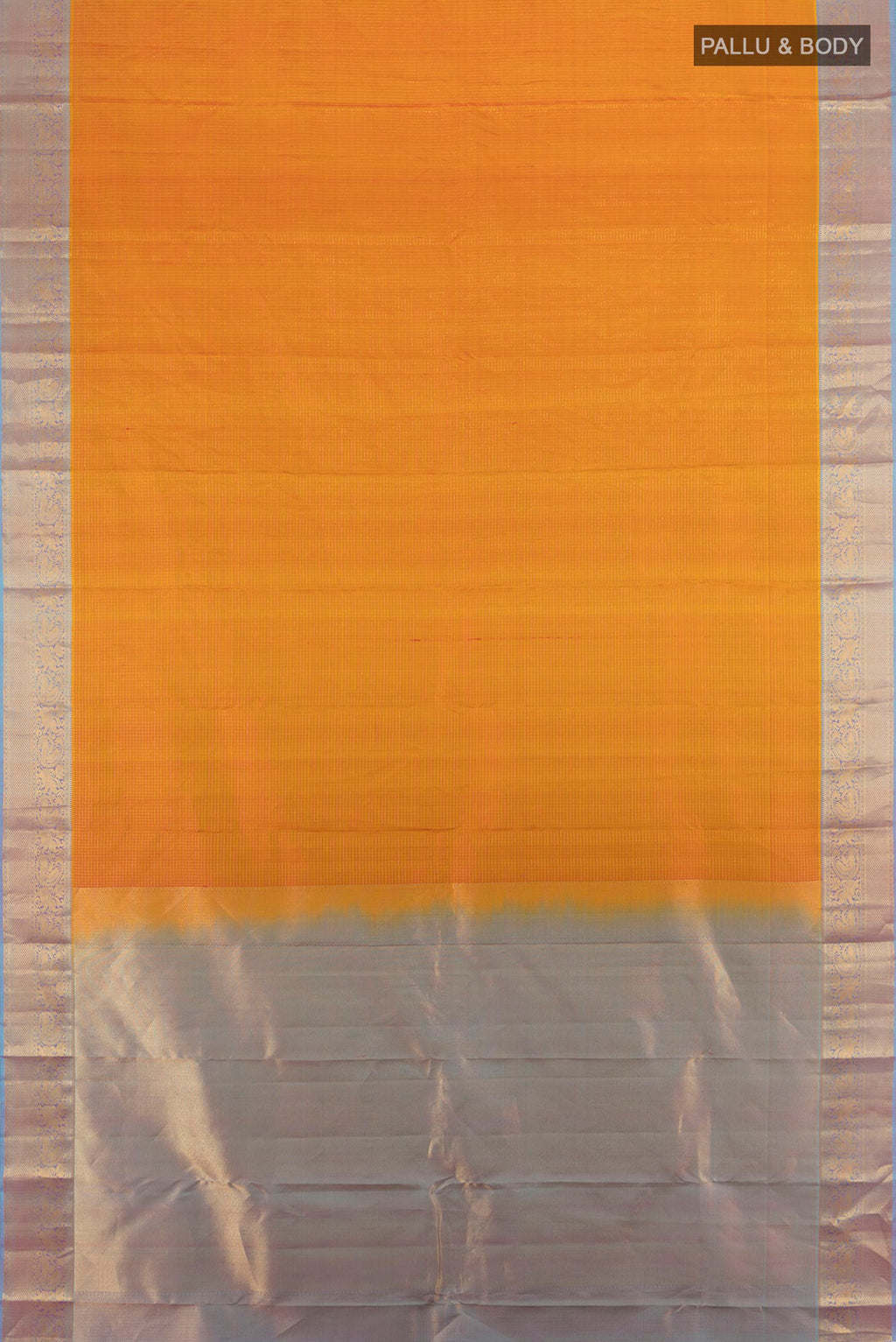 Flat view of Pure Silk Mustard Kanchipuram Saree with Checked design on the body and Zari Border. 