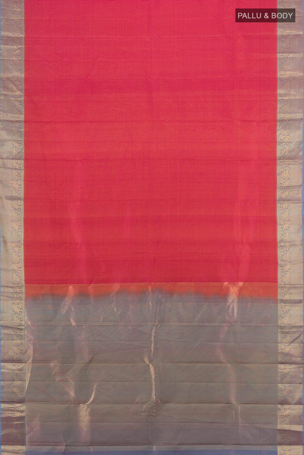 Flat view of Pure Silk Pink Kanchipuram Saree with Checked design on the body and Zari Border. 