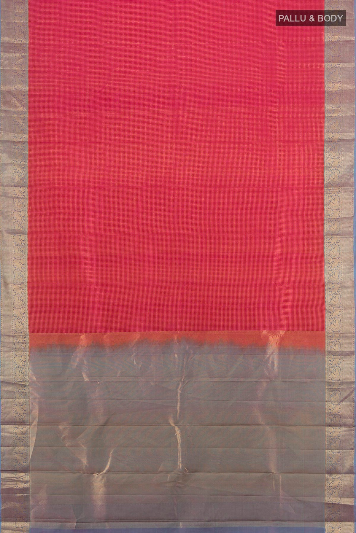 Flat view of Pure Silk Pink Kanchipuram Saree with Checked design on the body and Zari Border. 