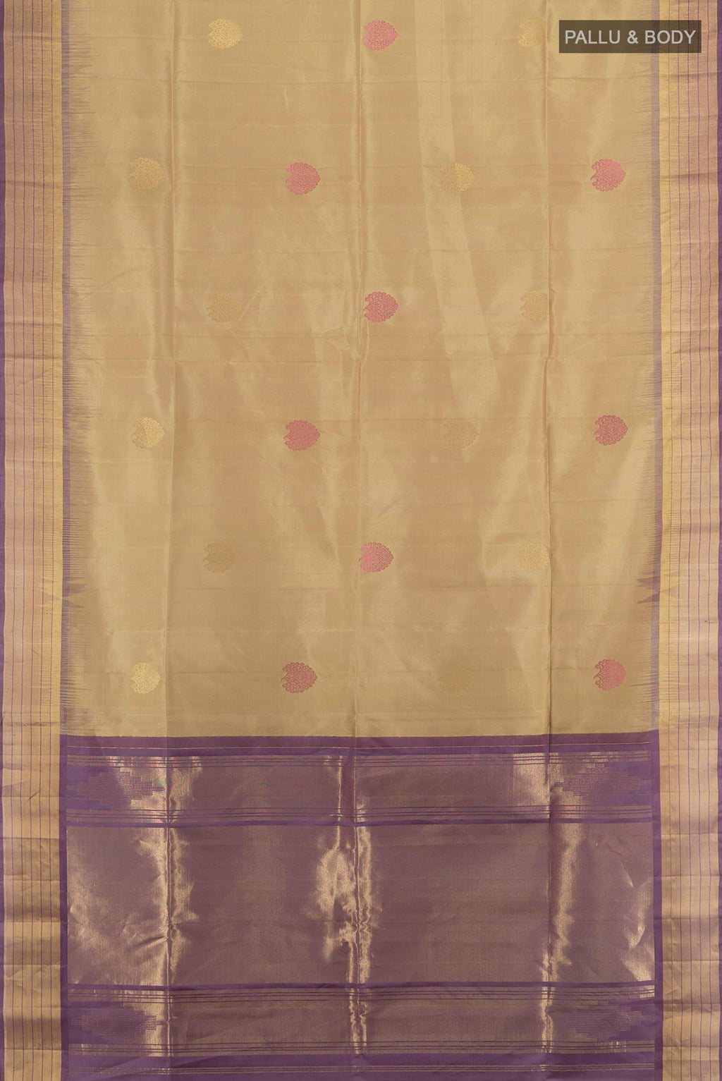 Flat view of Pure Silk Beige Soft Saree with Zari Butta on the body and Zari Border. 