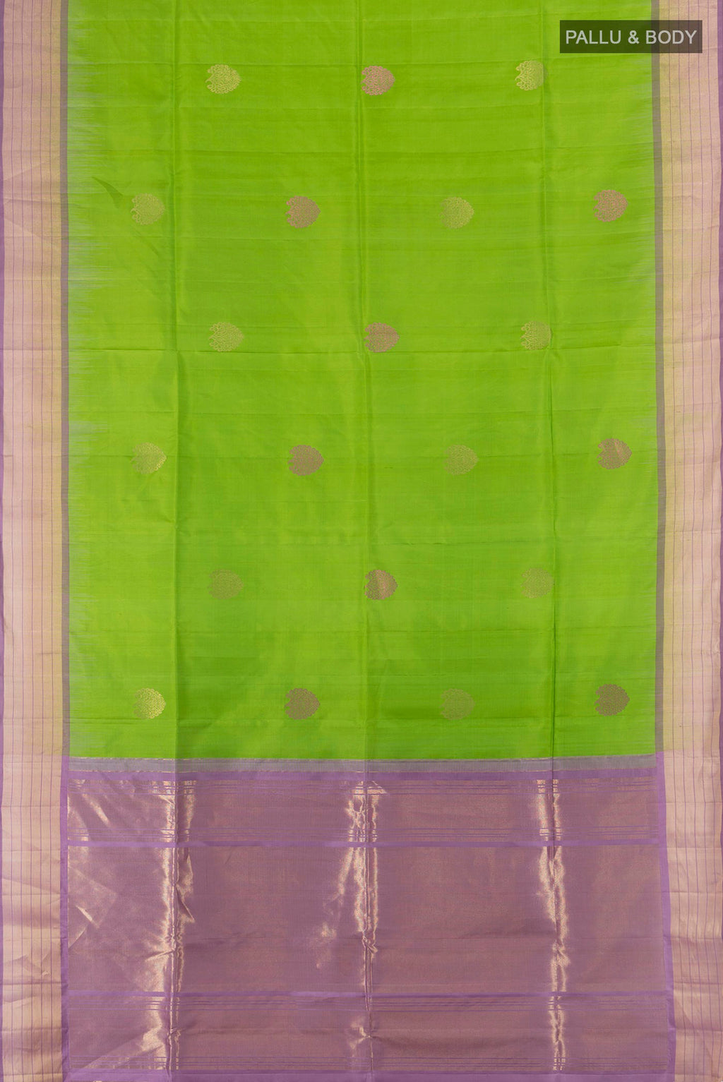 Flat view of Pure Silk Parrot Green Soft Saree with Zari Butta on the body and Zari Border. 