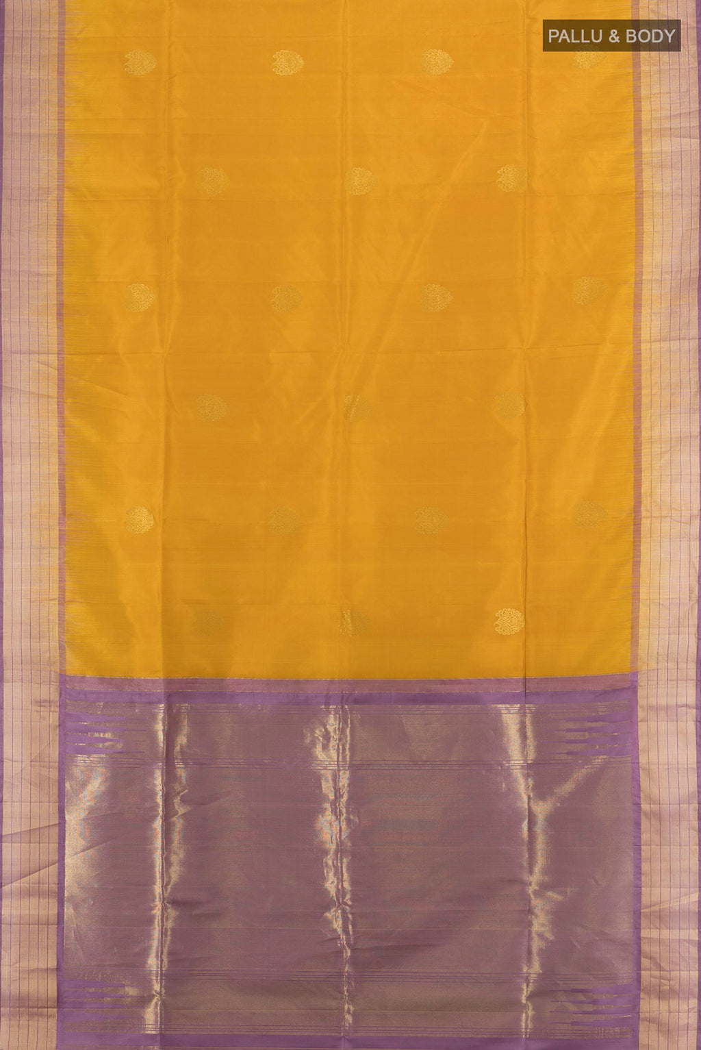 Flat view of Pure Silk Mustard Soft Saree with Zari Butta on the body and Zari Border. 