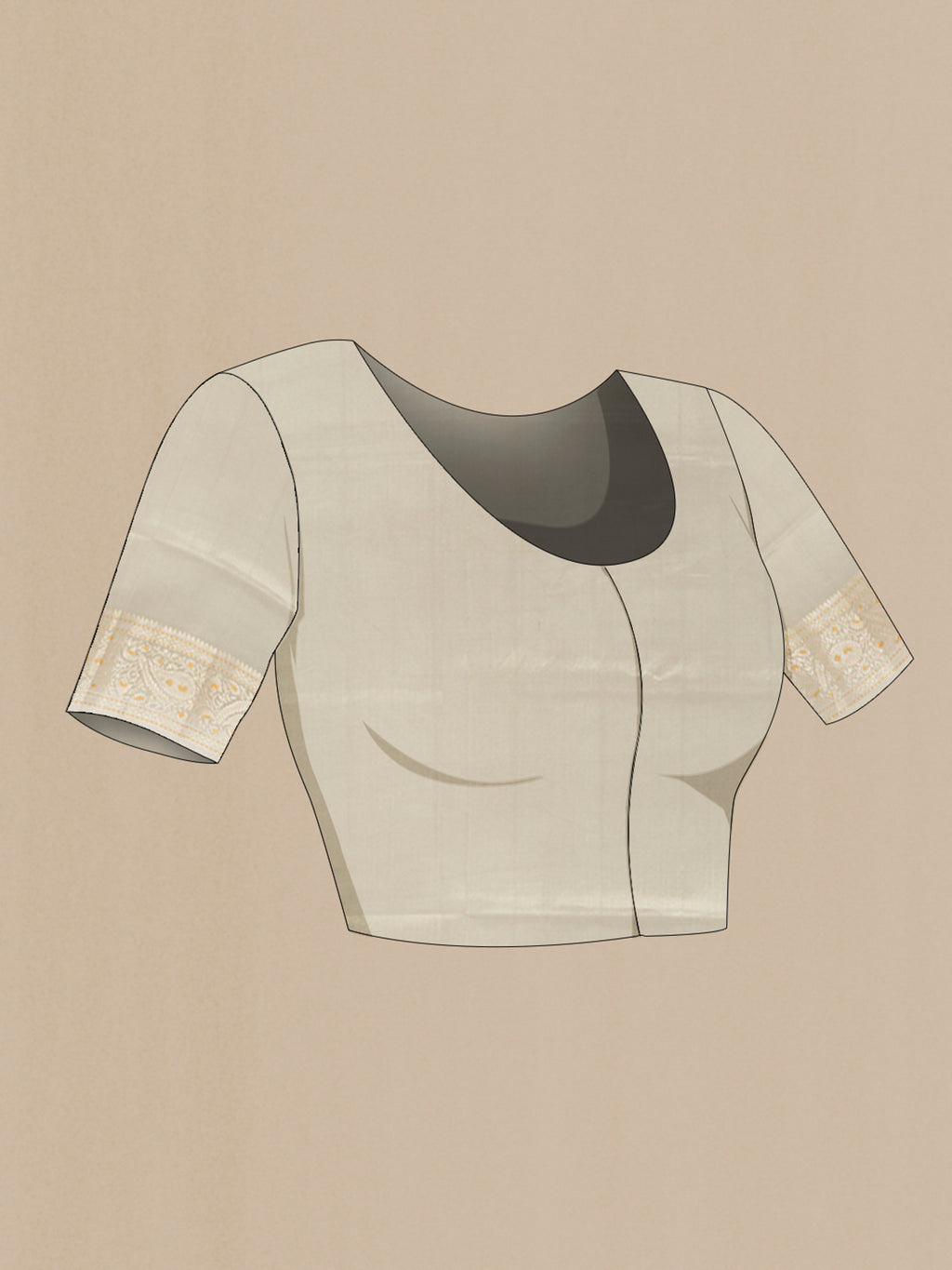 Close up image of the blouse of Pure Silk Beige Banarasi Raw Saree with Zari Butta on the body and Zari Border. 