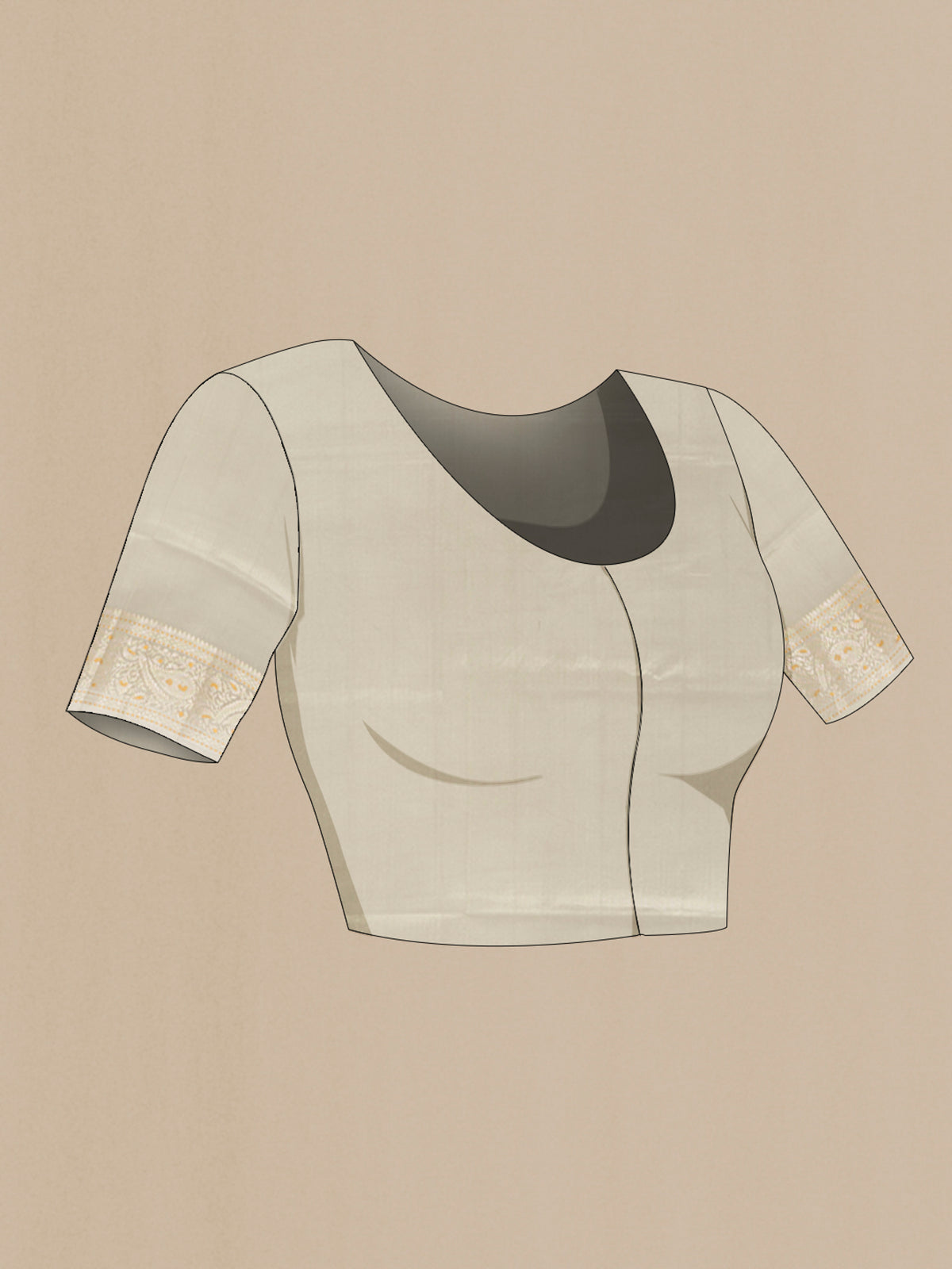 Close up image of the blouse of Pure Silk Beige Banarasi Raw Saree with Zari Butta on the body and Zari Border. 