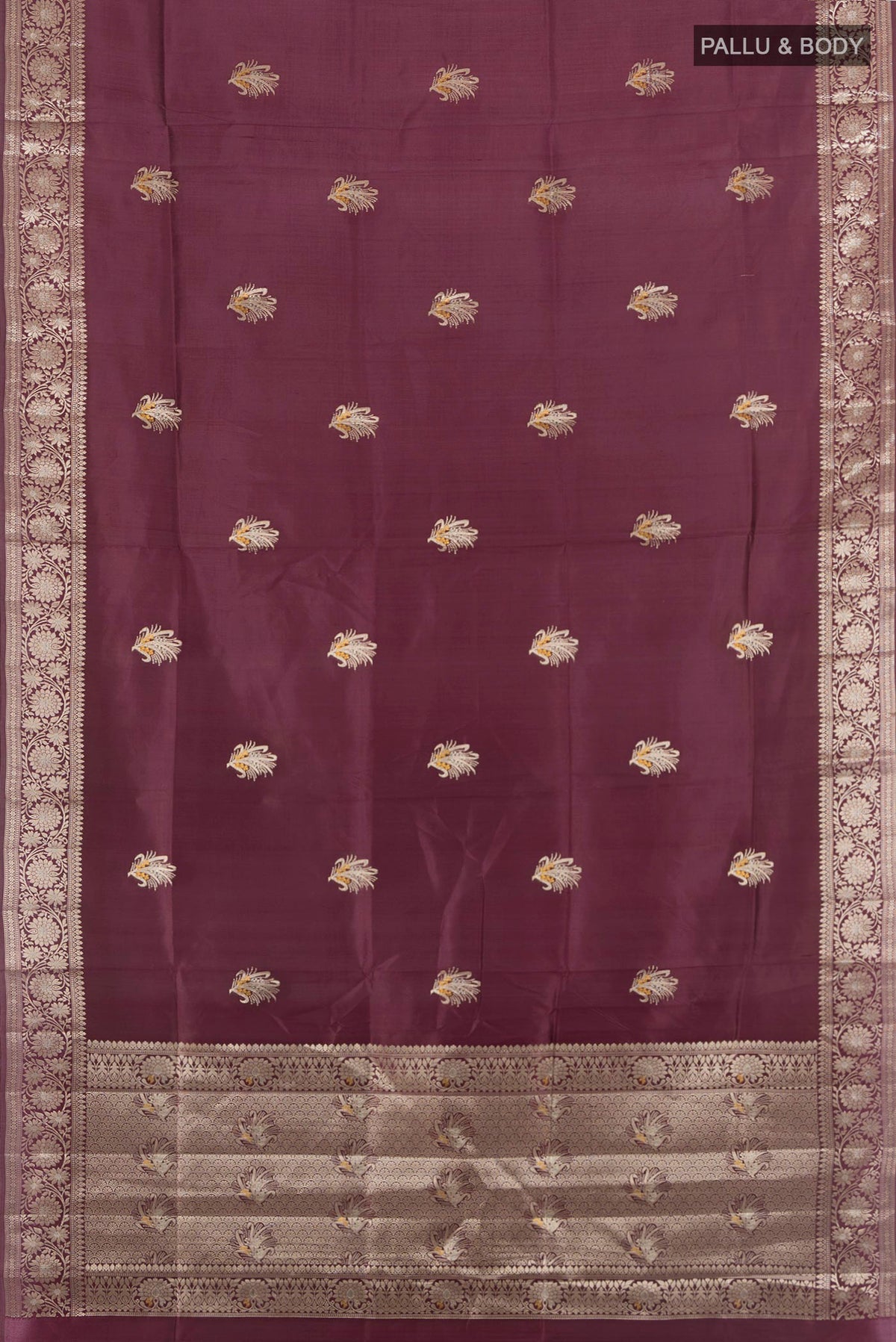 Flat view of Pure Silk Coffee Brown Banarasi Raw Saree with Zari Butta on the body and Zari Border. 