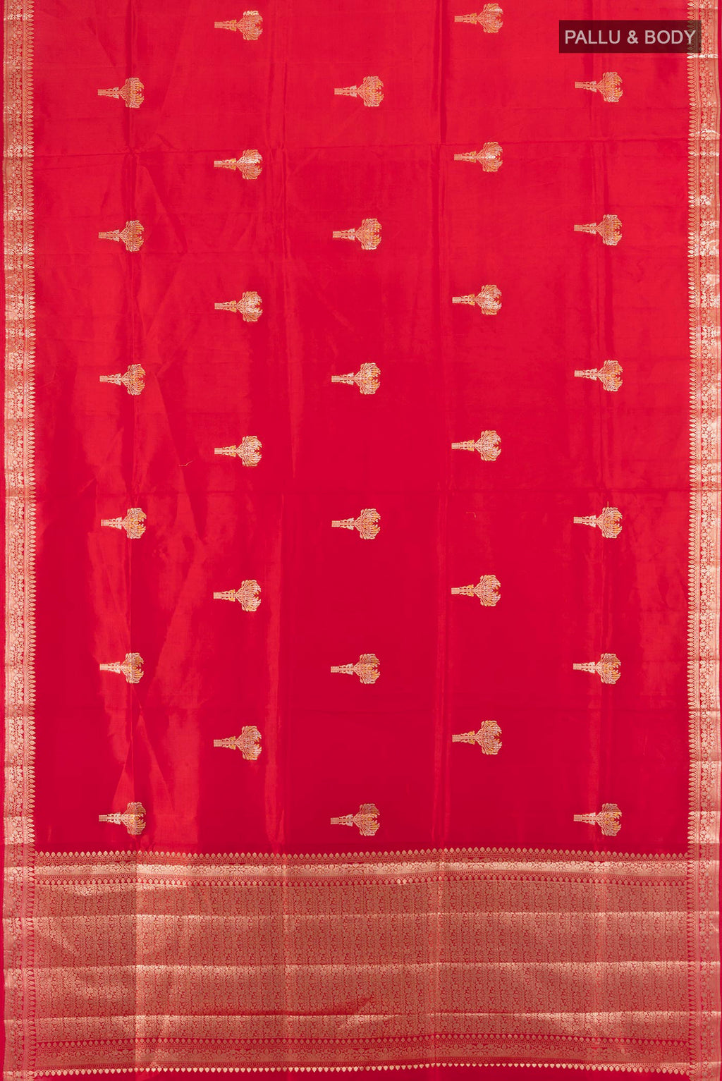 Flat view of Pure Silk Red Banarasi Raw Saree with Zari Butta on the body and Zari Border. 