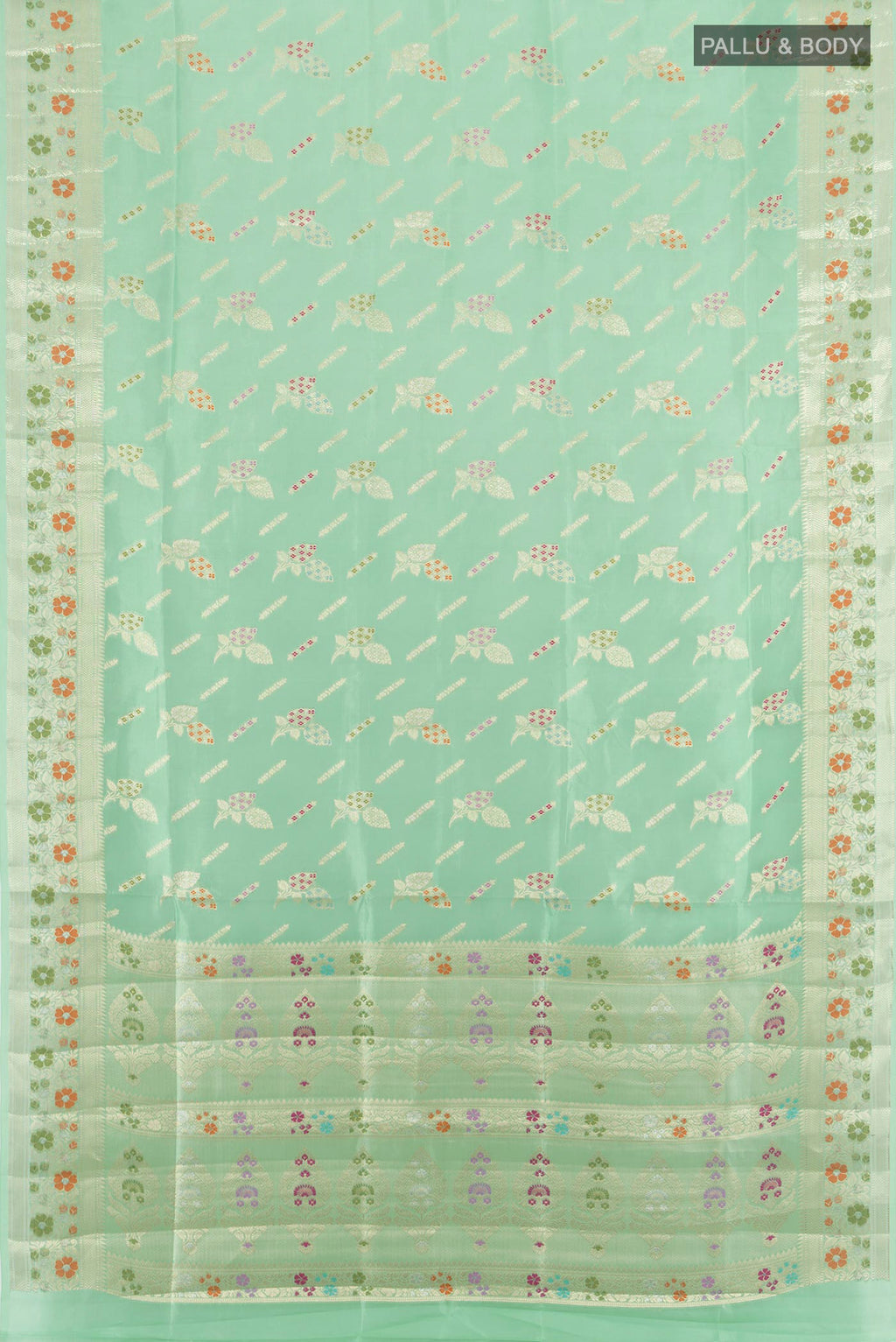 Flat view of Pure Silk Light Green Banarasi Raw Saree with Zari Butta on the body and Zari Border. 