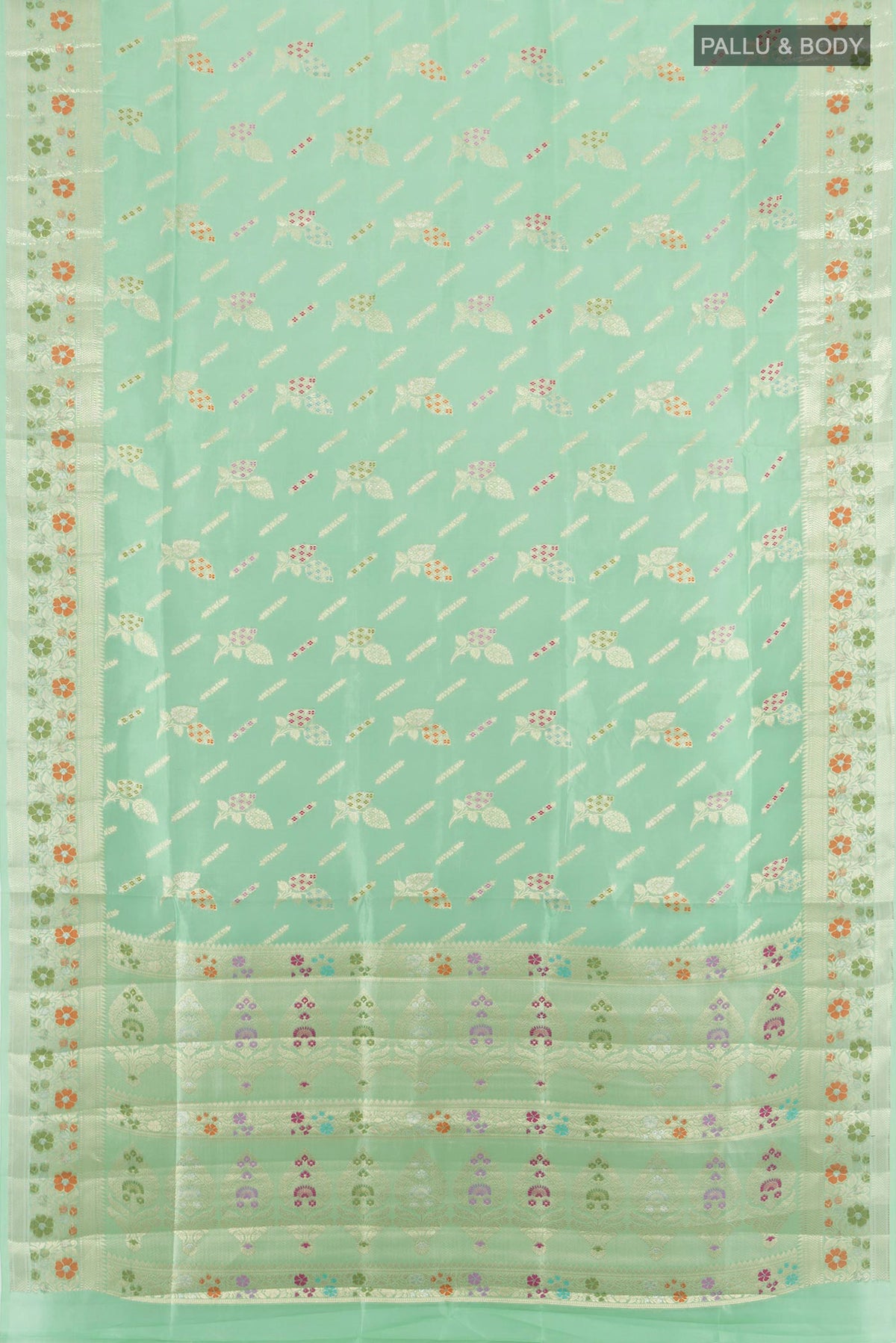 Flat view of Pure Silk Light Green Banarasi Raw Saree with Zari Butta on the body and Zari Border. 