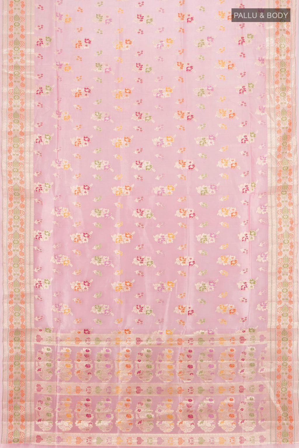 Flat view of Pure Silk Rose pink Banarasi Raw Saree with Zari Butta on the body and Zari Border. 