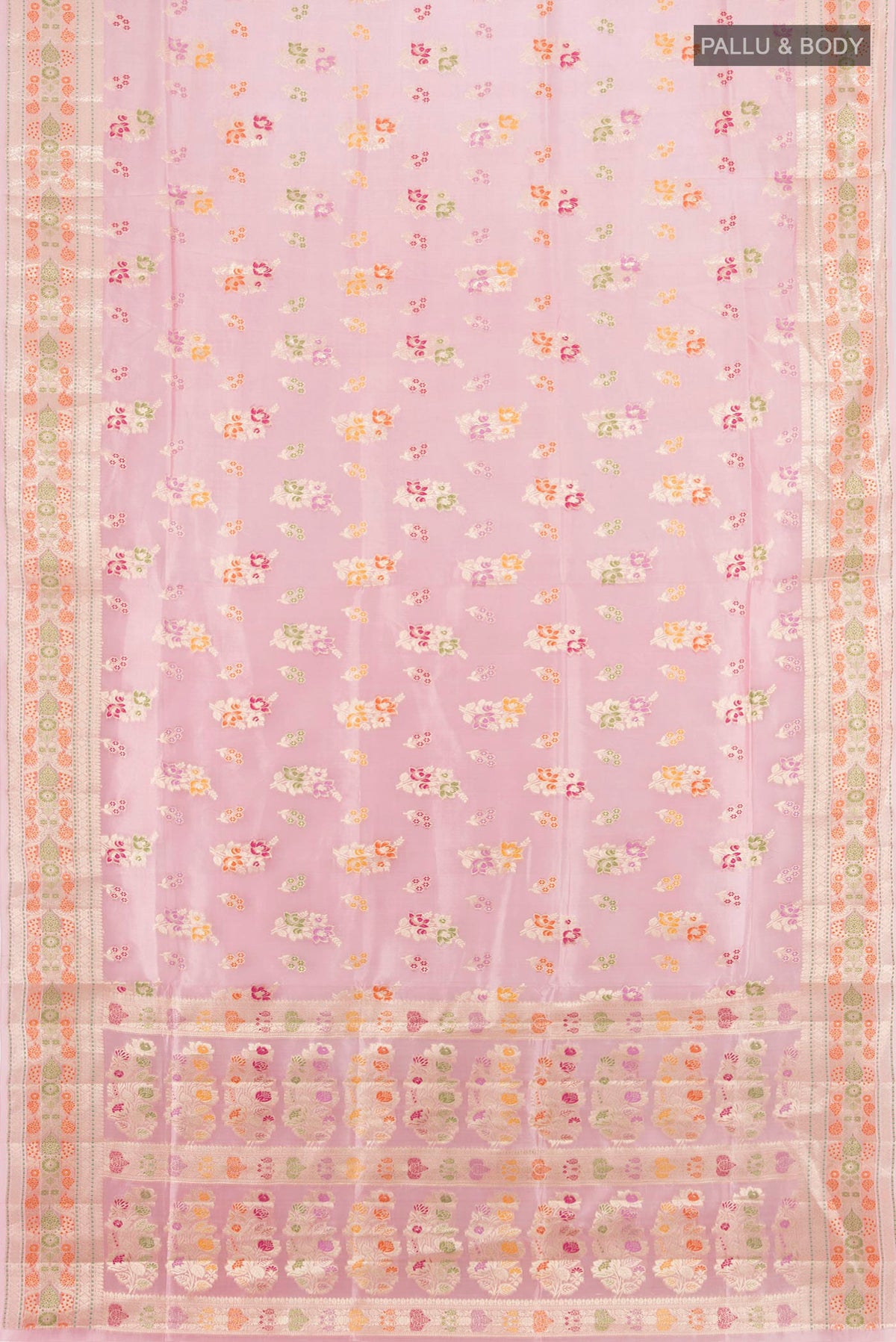 Flat view of Pure Silk Rose pink Banarasi Raw Saree with Zari Butta on the body and Zari Border. 