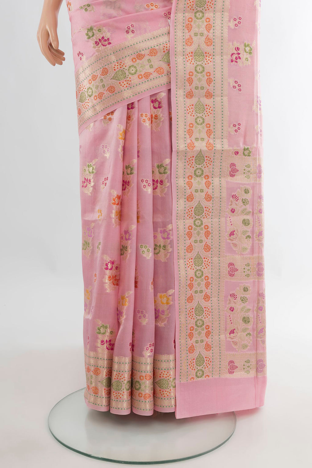Pleats and pallu of Pure Silk Rose pink Banarasi Raw Saree with Zari Butta on the body and Zari Border. 