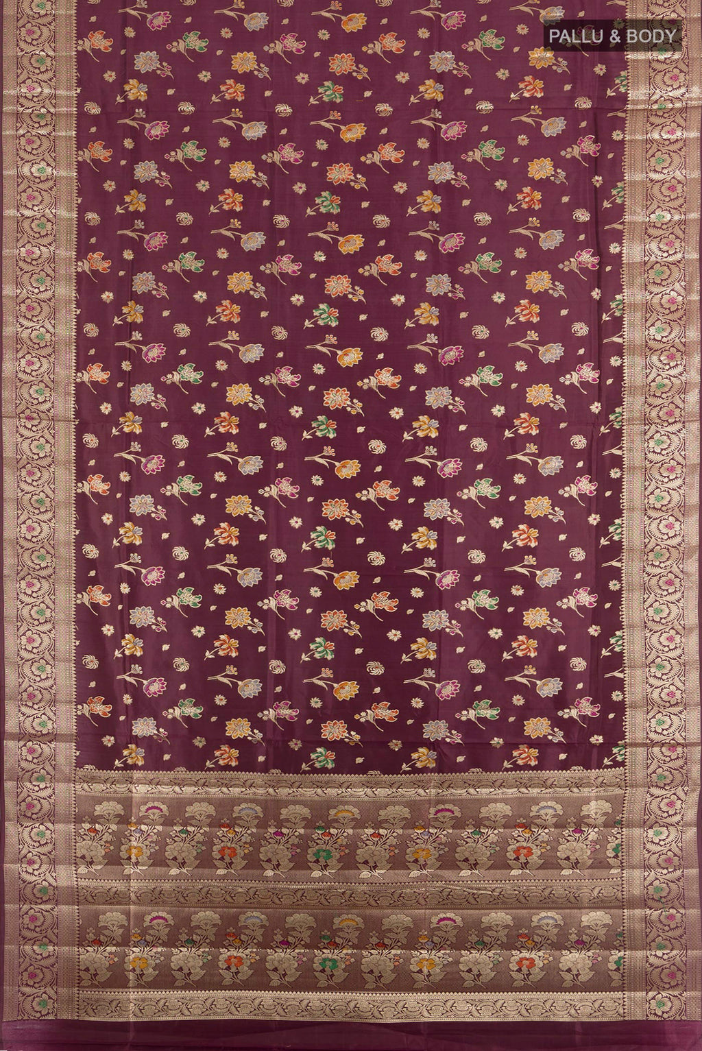 Flat view of Pure Silk Coffee Brown Banarasi Raw Saree with Zari And Thread Butta on the body and Zari Border. 