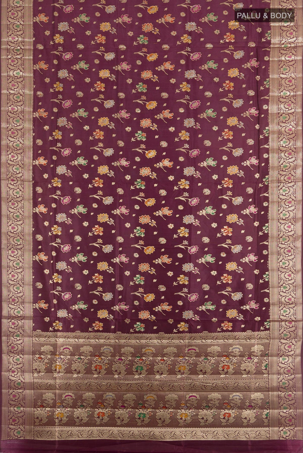 Flat view of Pure Silk Coffee Brown Banarasi Raw Saree with Zari And Thread Butta on the body and Zari Border. 