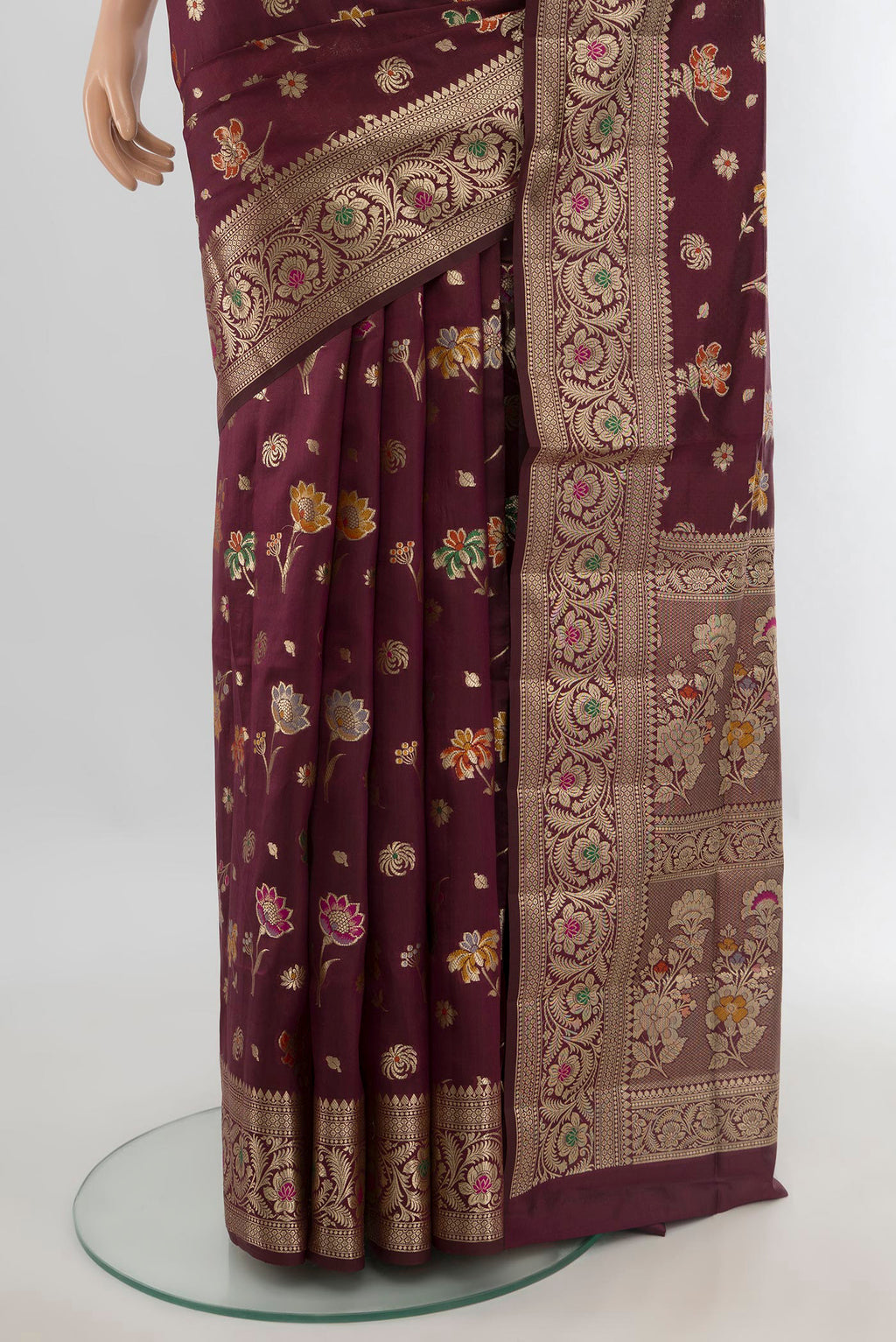 Pleats and pallu of Pure Silk Coffee Brown Banarasi Raw Saree with Zari And Thread Butta on the body and Zari Border. 