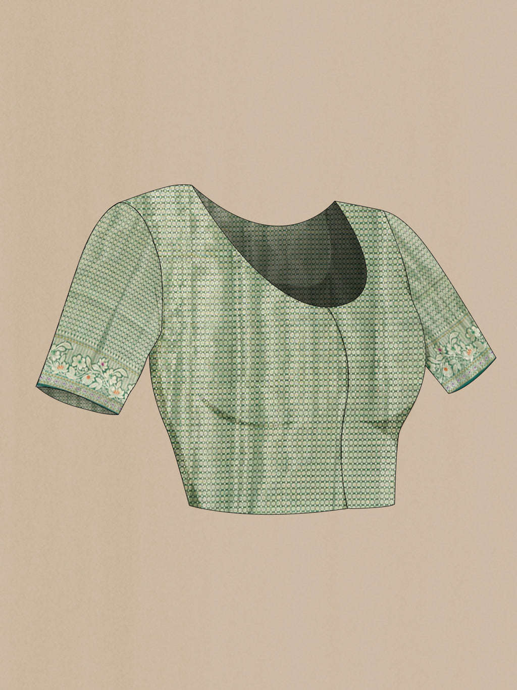 Close up image of the blouse of Pure Silk Green Banarasi Tussar Saree with Zari Butta on the body and Zari Border. 
