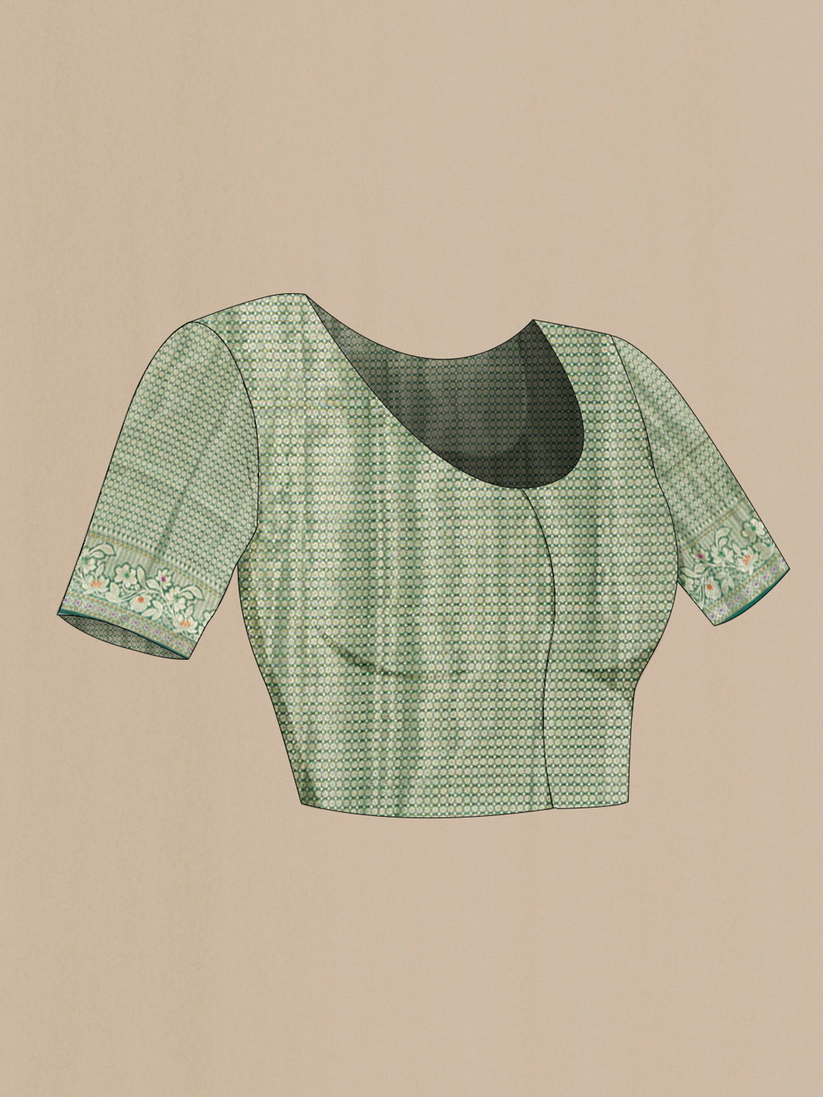 Close up image of the blouse of Pure Silk Green Banarasi Tussar Saree with Zari Butta on the body and Zari Border. 