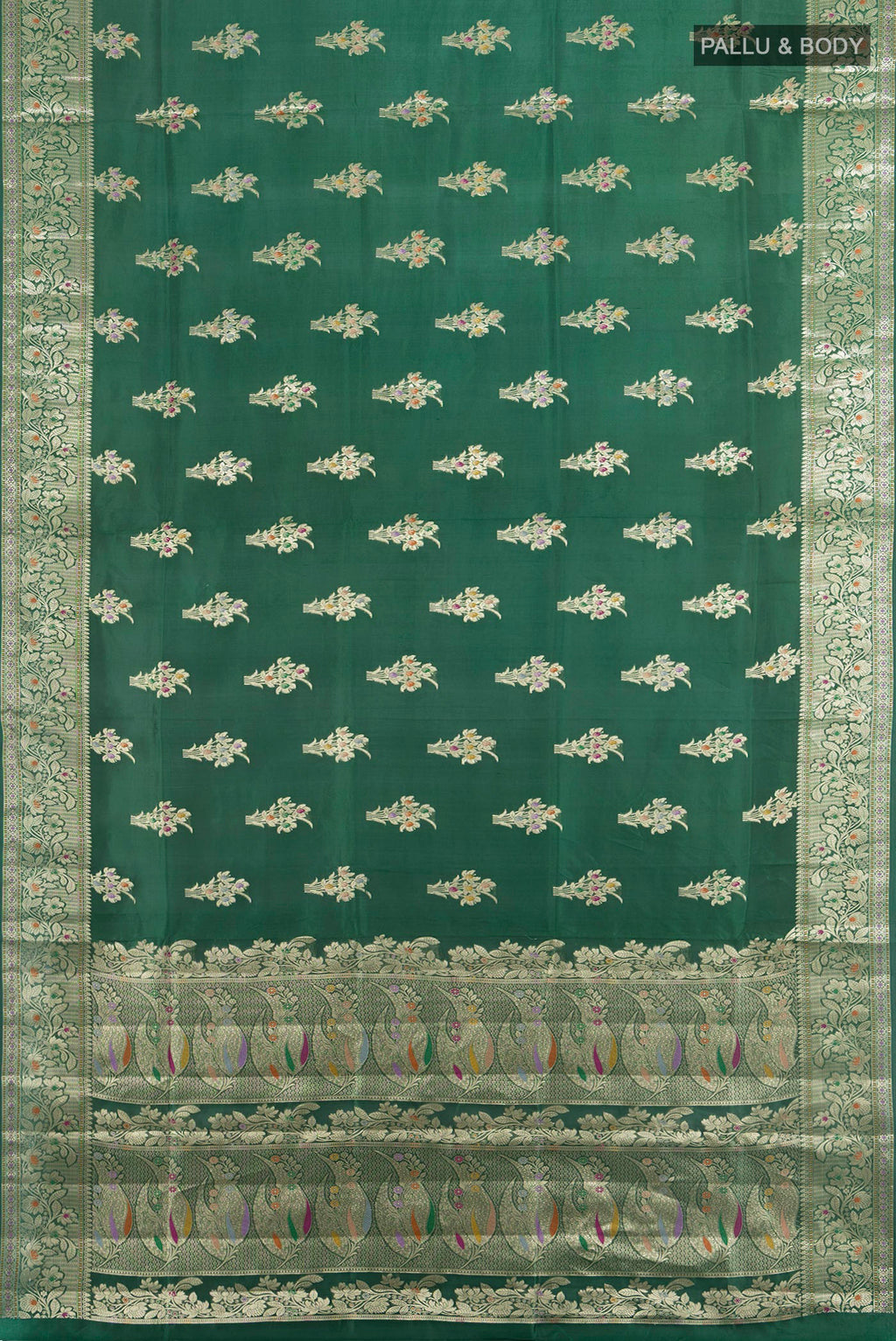 Flat view of Pure Silk Green Banarasi Tussar Saree with Zari Butta on the body and Zari Border. 