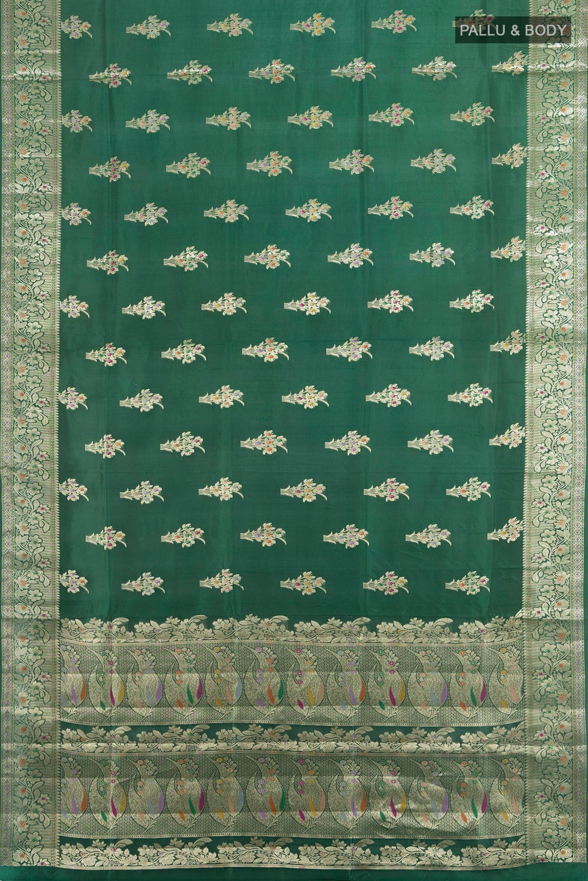 Flat view of Pure Silk Green Banarasi Tussar Saree with Zari Butta on the body and Zari Border. 