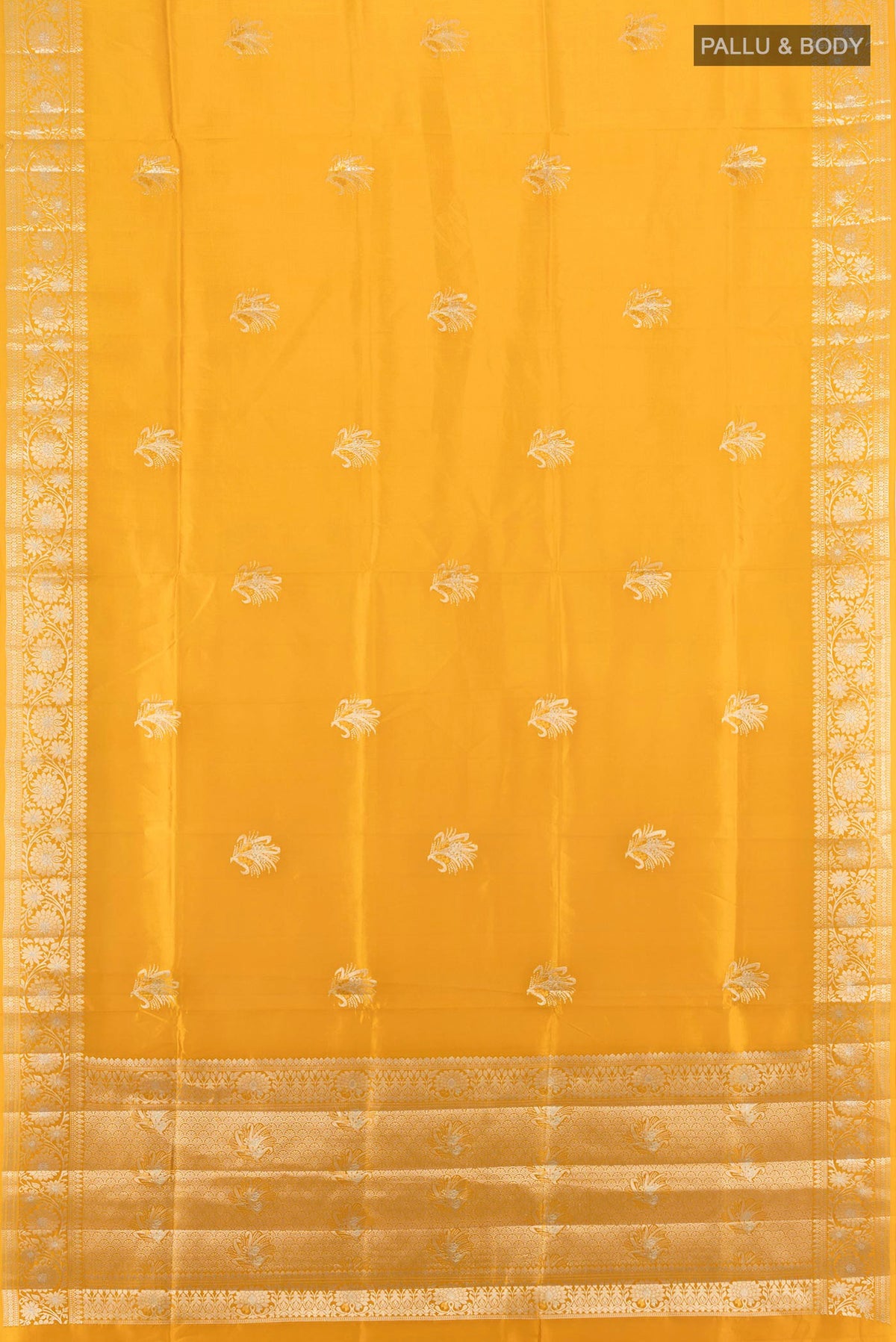 Flat view of Pure Silk Yellow Banarasi Raw Saree with Zari Butta on the body and Zari Border. 