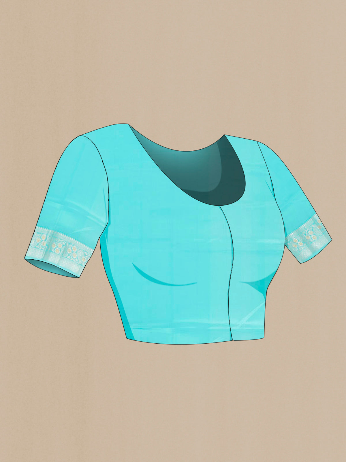 Close up image of the blouse of Pure Silk Sky Blue Banarasi Raw Saree with Zari Butta on the body and Zari Border. 
