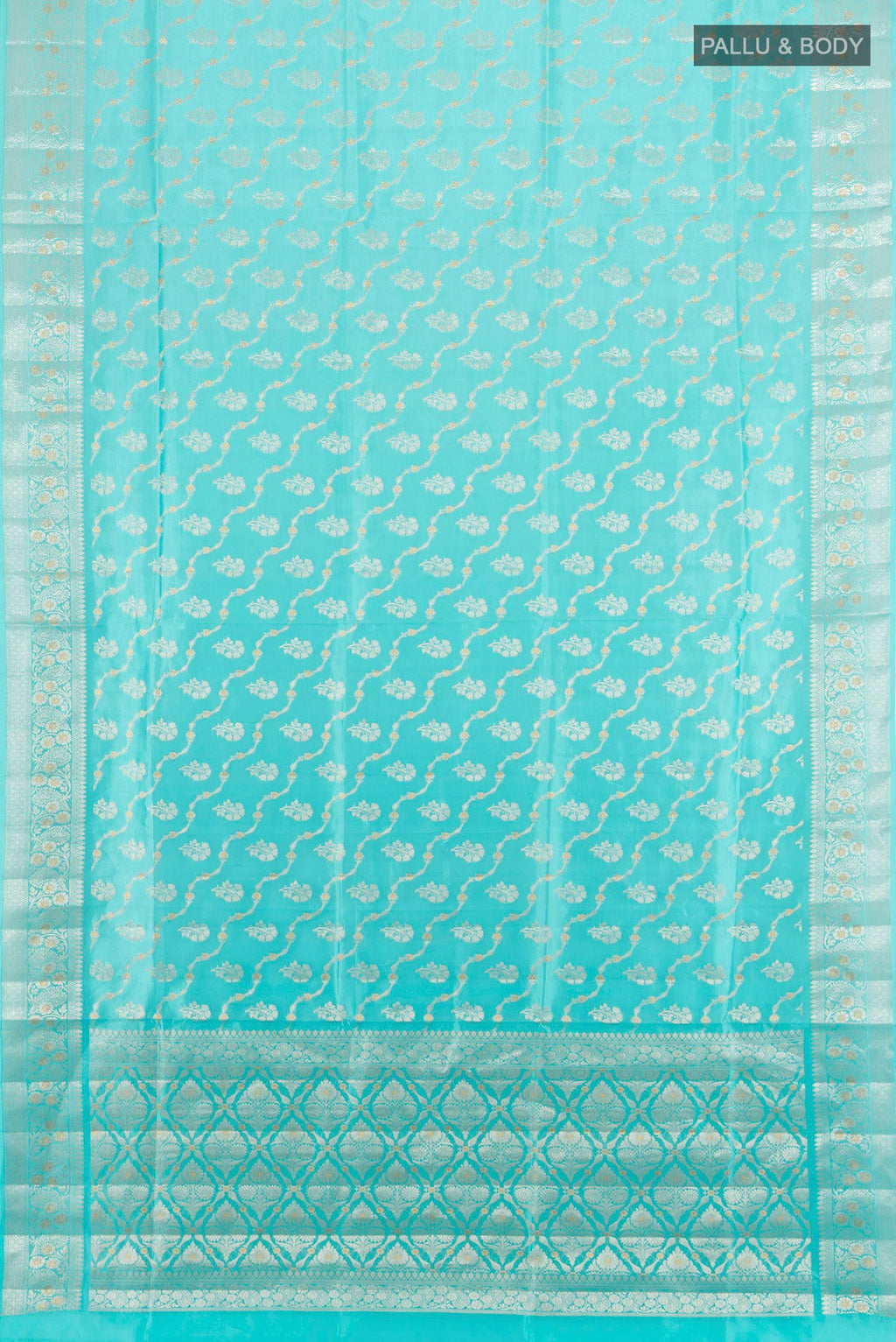 Flat view of Pure Silk Sky Blue Banarasi Raw Saree with Zari Butta on the body and Zari Border. 