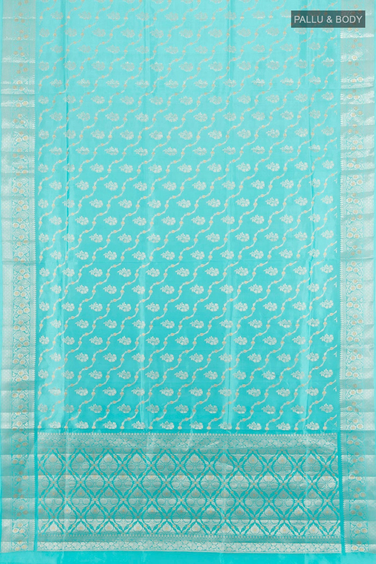 Flat view of Pure Silk Sky Blue Banarasi Raw Saree with Zari Butta on the body and Zari Border. 