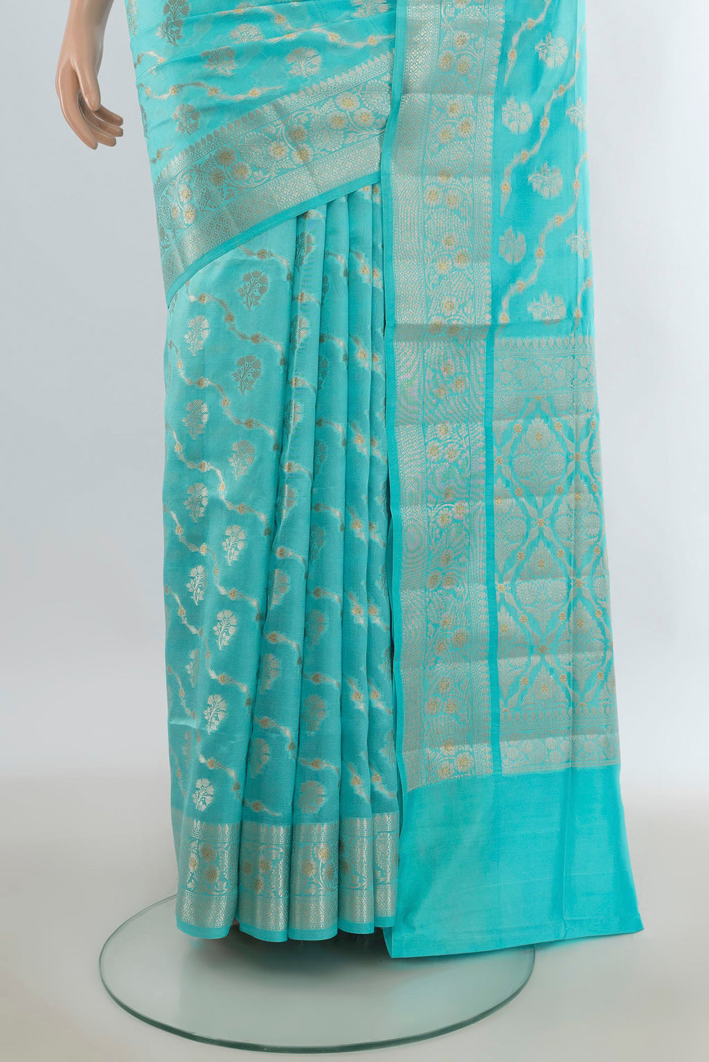 Pleats and pallu of Pure Silk Sky Blue Banarasi Raw Saree with Zari Butta on the body and Zari Border. 