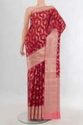 Pure Silk Red Banarasi Raw Saree with Zari Butta on the body and Zari Border.  displayed on a mannequin