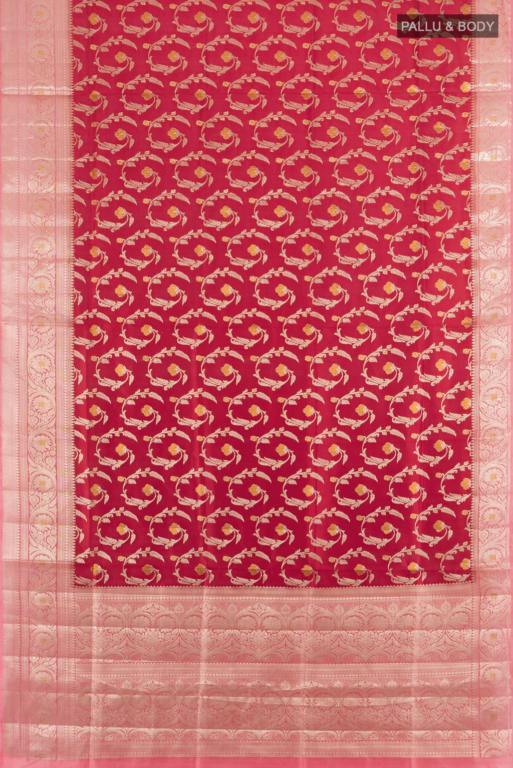 Flat view of Pure Silk Red Banarasi Raw Saree with Zari Butta on the body and Zari Border. 
