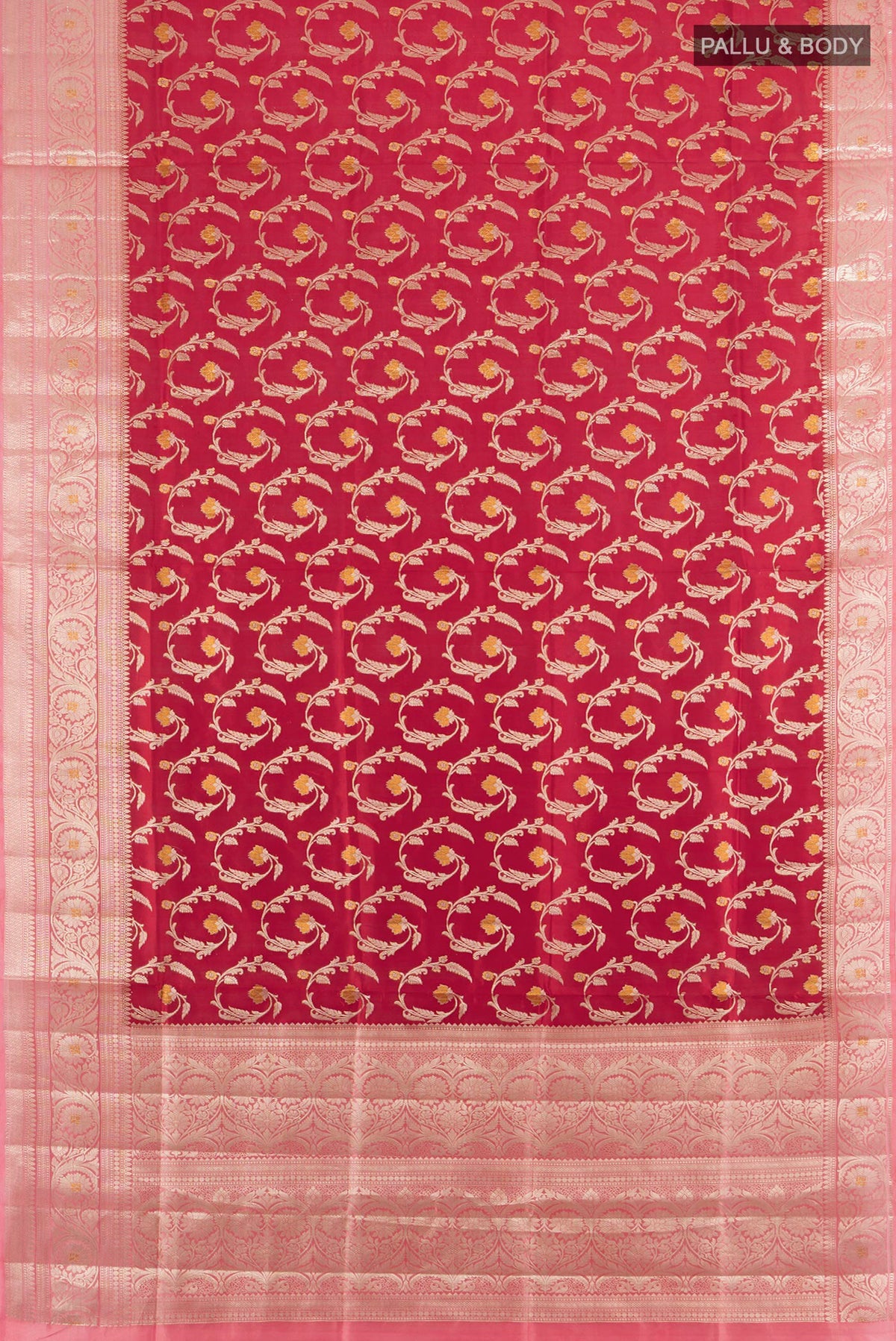 Flat view of Pure Silk Red Banarasi Raw Saree with Zari Butta on the body and Zari Border. 