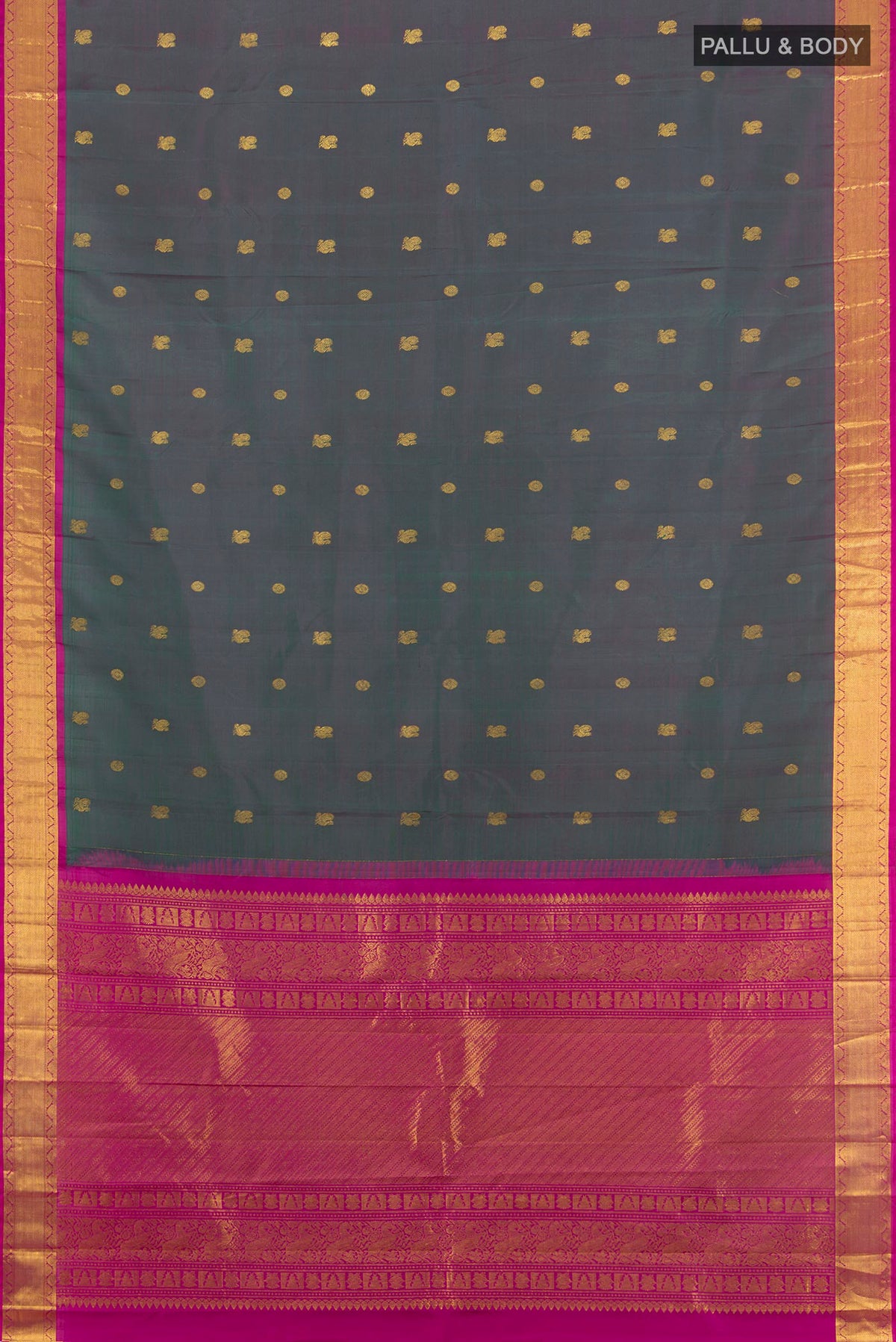Flat view of Pure Silk Green with Pink Color Kanjivaram Saree with Zari Butta on the body and Zari Border. 