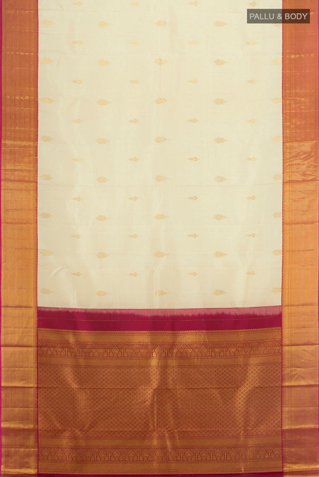 Flat view of Pure Silk Cream Kanjivaram Saree with Zari Butta on the body and Zari Border. 