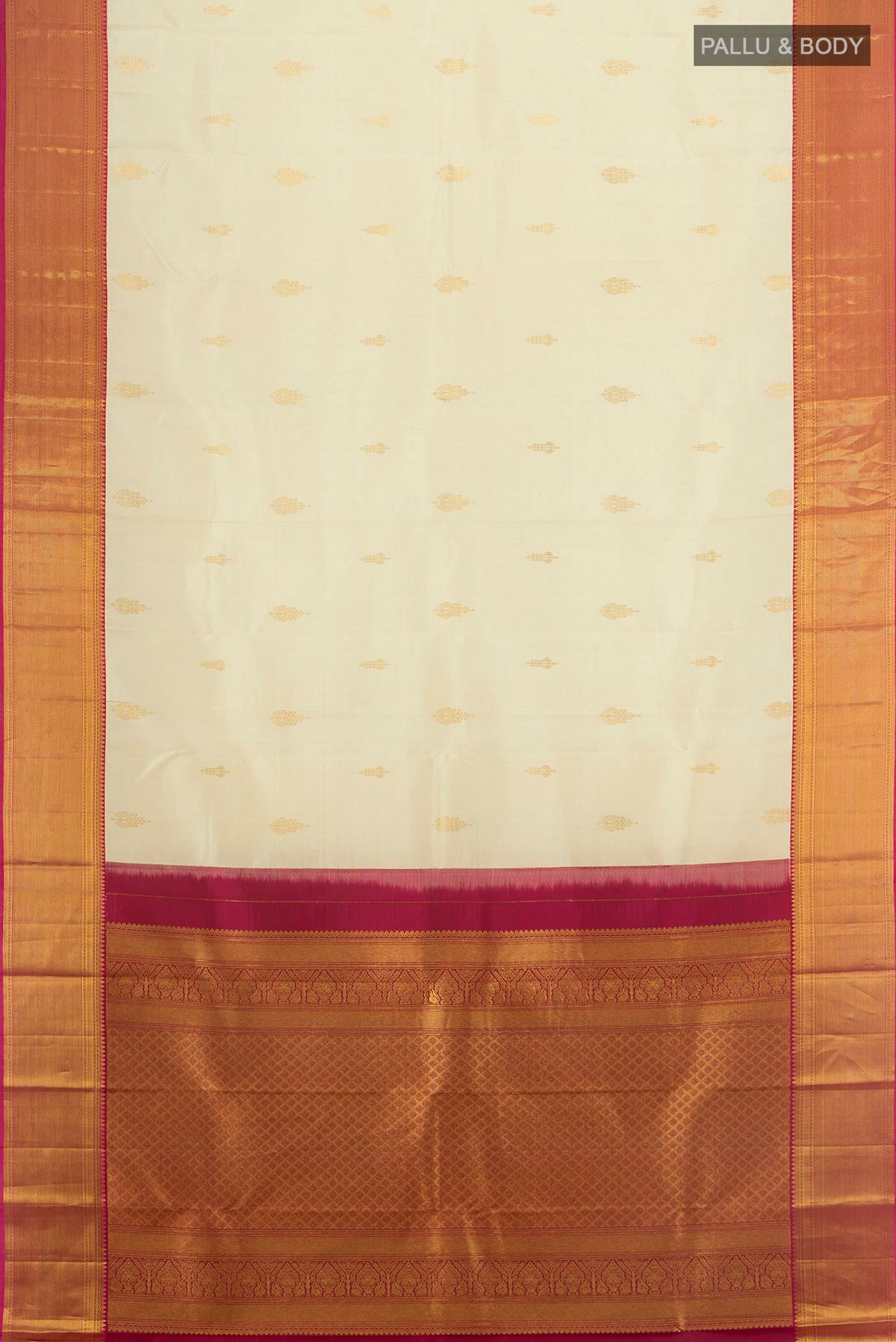 Flat view of Pure Silk Cream Kanjivaram Saree with Zari Butta on the body and Zari Border. 