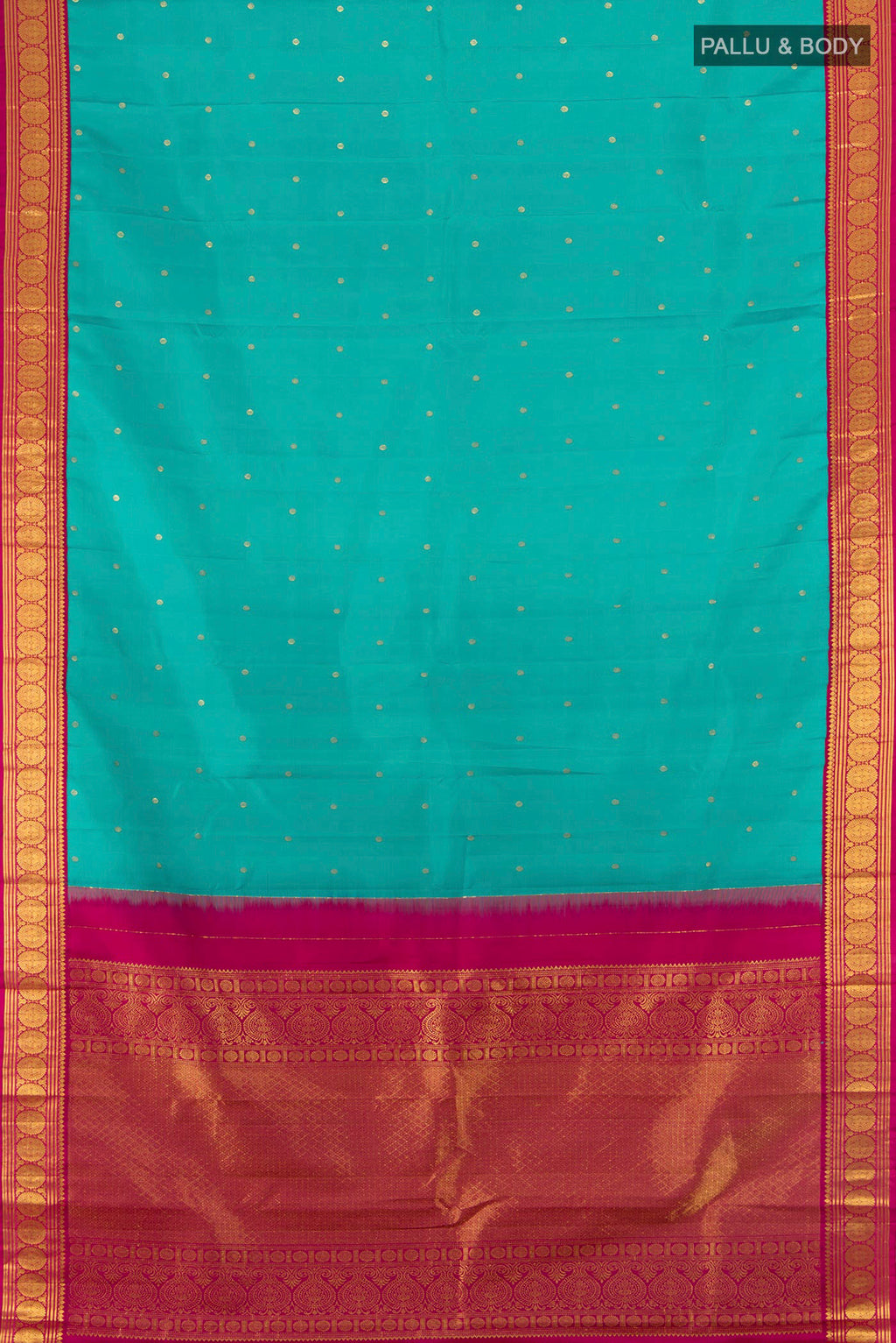 Flat view of Pure Silk Light Blue Kanjivaram Saree with Zari Butta on the body and Zari Border. 