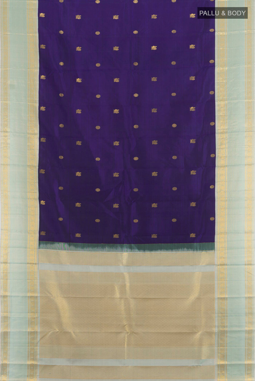 Flat view of Pure Silk Navy Blue Kanjivaram Saree with Zari Butta on the body and Zari Border. 