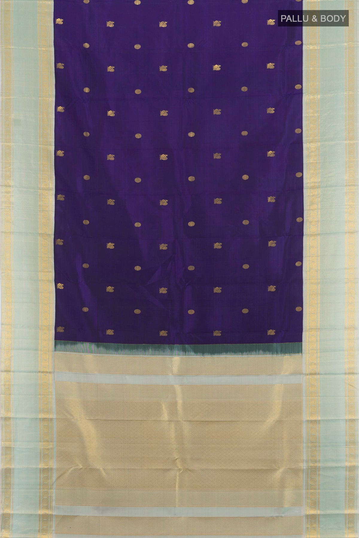 Flat view of Pure Silk Navy Blue Kanjivaram Saree with Zari Butta on the body and Zari Border. 