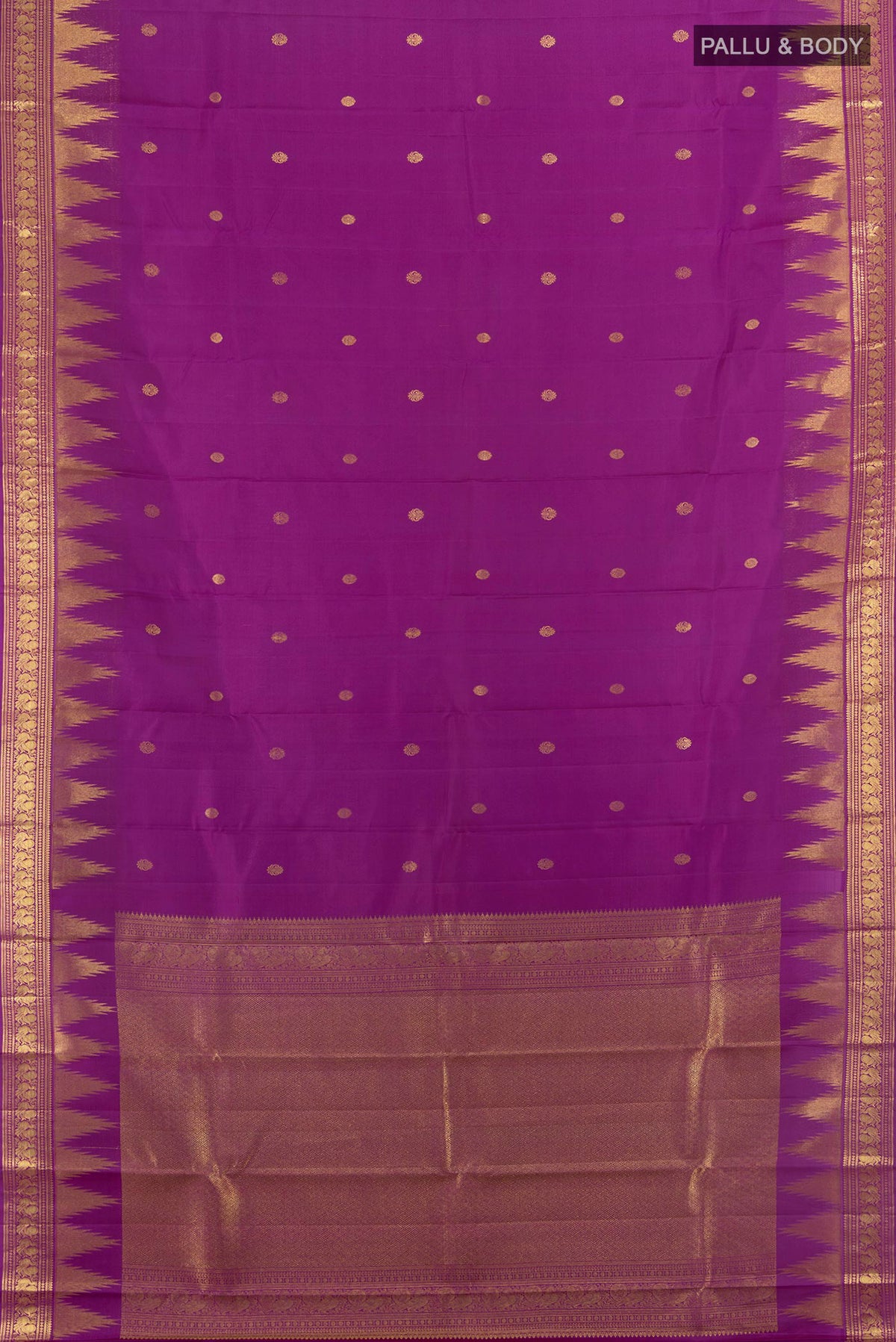 Flat view of Pure Silk Violet Kanchipuram Saree with Zari Butta on the body and Silk Border. 